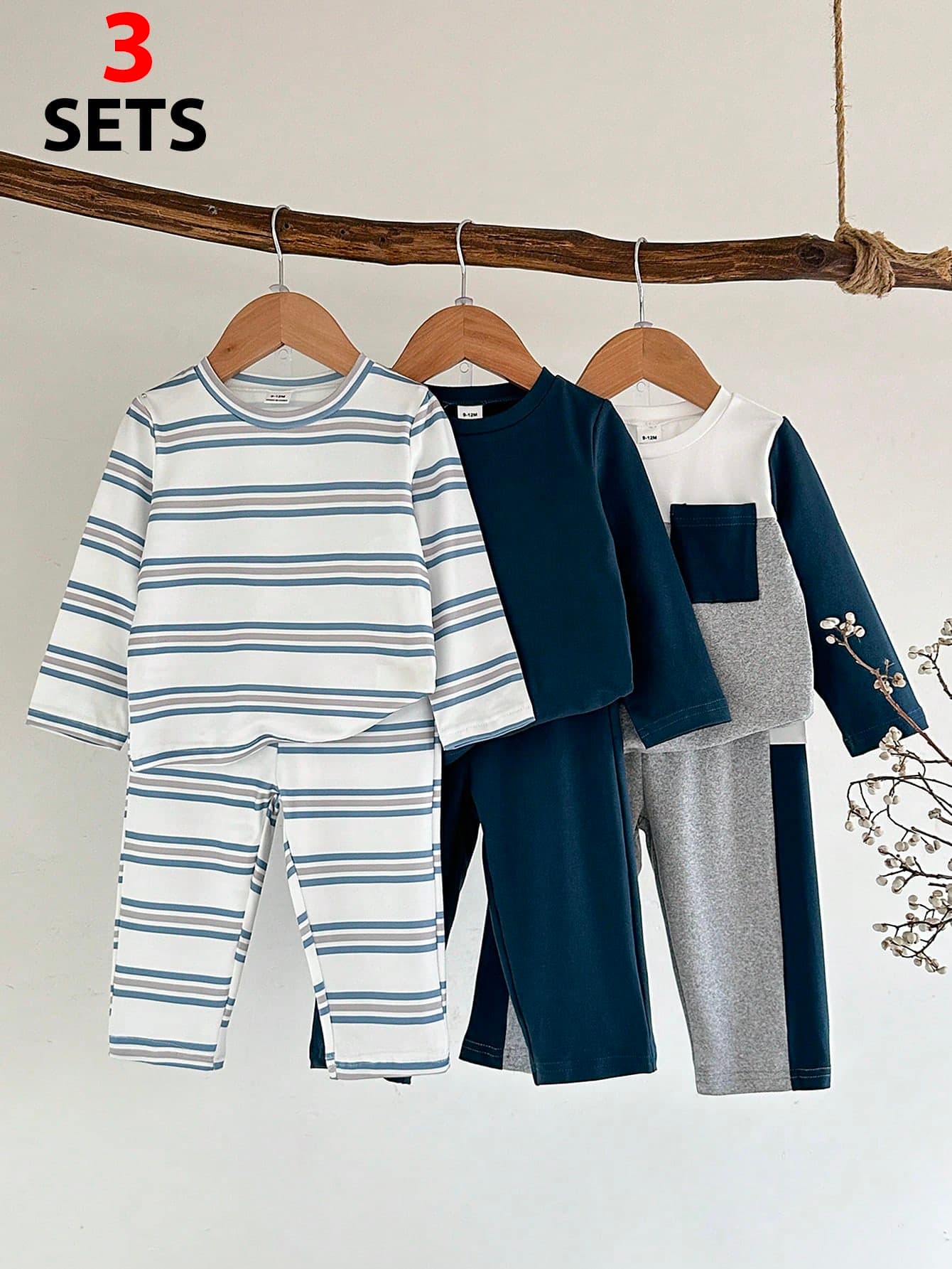 SHEIN Vintaside Kids Baby Boy Round Neck Printed Striped Solid Color Contrast Patchwork Casual Outfit, Soft Versatile Base Layer For Indoor And Outdoor Wear, Comfortable Multi-Color 3-Piece Set With Long Sleeve Top And Long Pants, Spring Autumn Winter