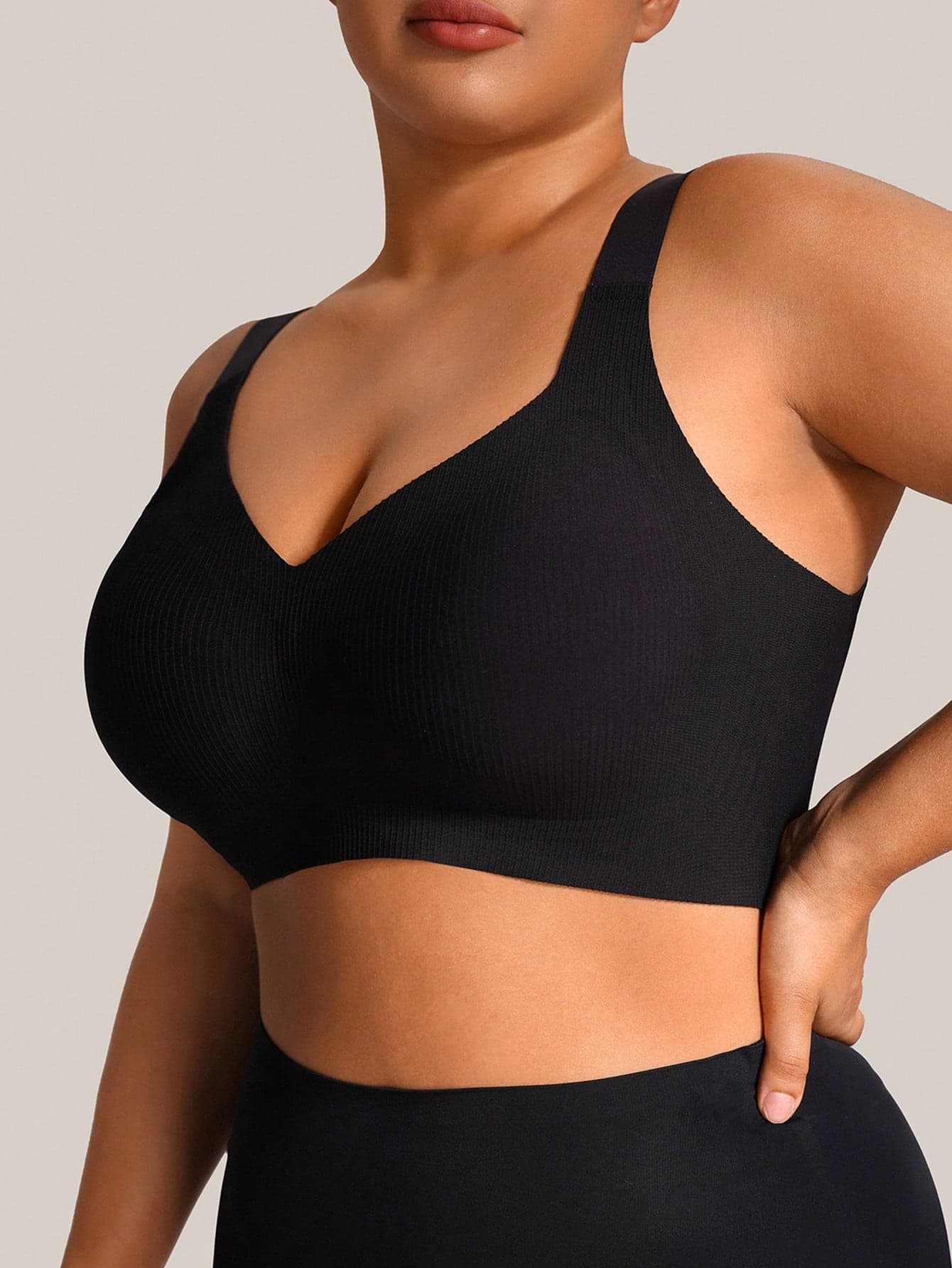 Barelissa Ribbed Wirefree Bra Plus Size Women Seamless Soft Stretchy Fixed Gel Pads Non Slip Daily Essential Lingerie