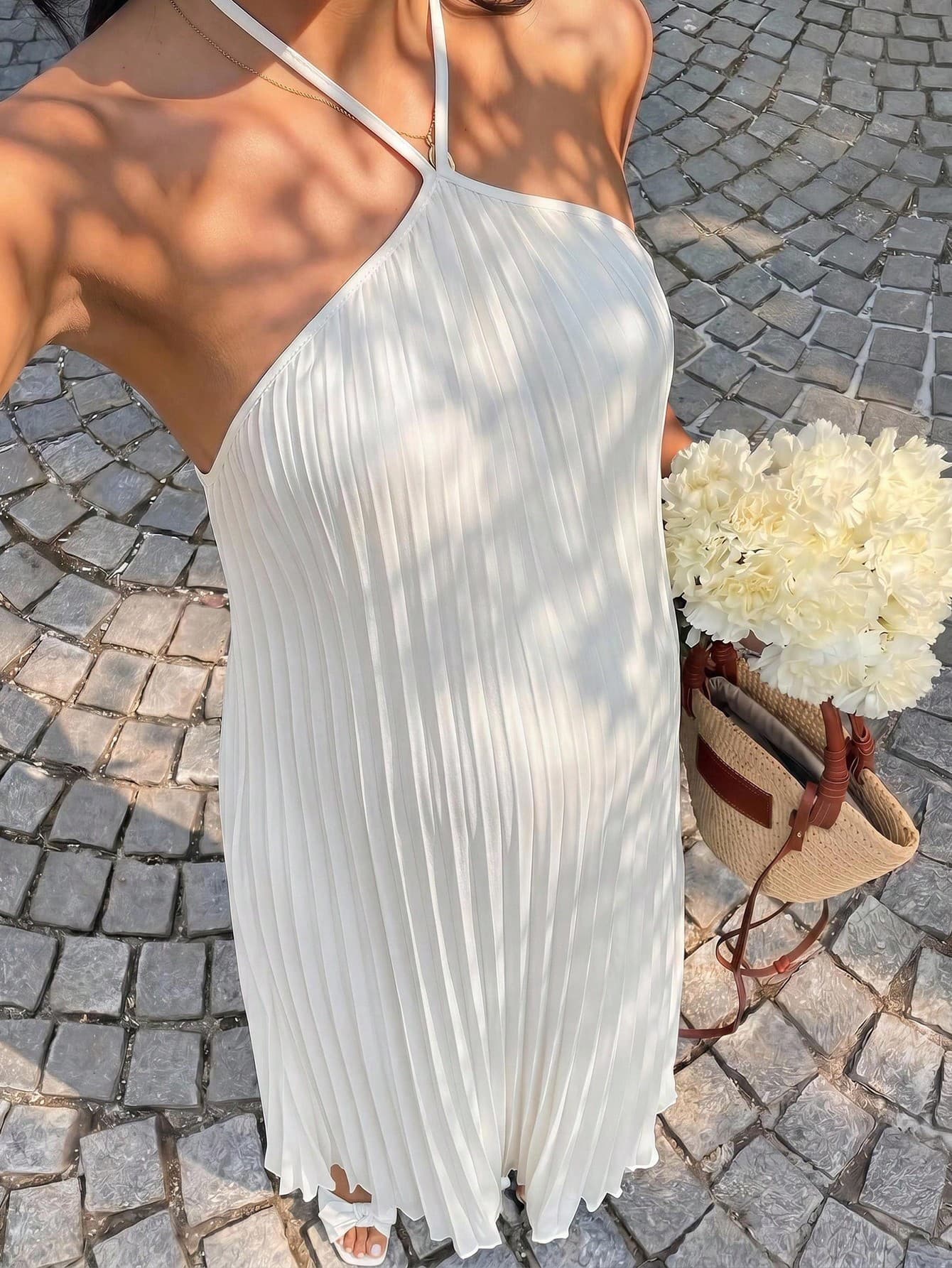 SHEIN Elegant Casual White Maternity Dress Summer Ruffled Open Back Tie Design Gender Reveal Parties Gender Reveal Party Wedding Guest Wedding