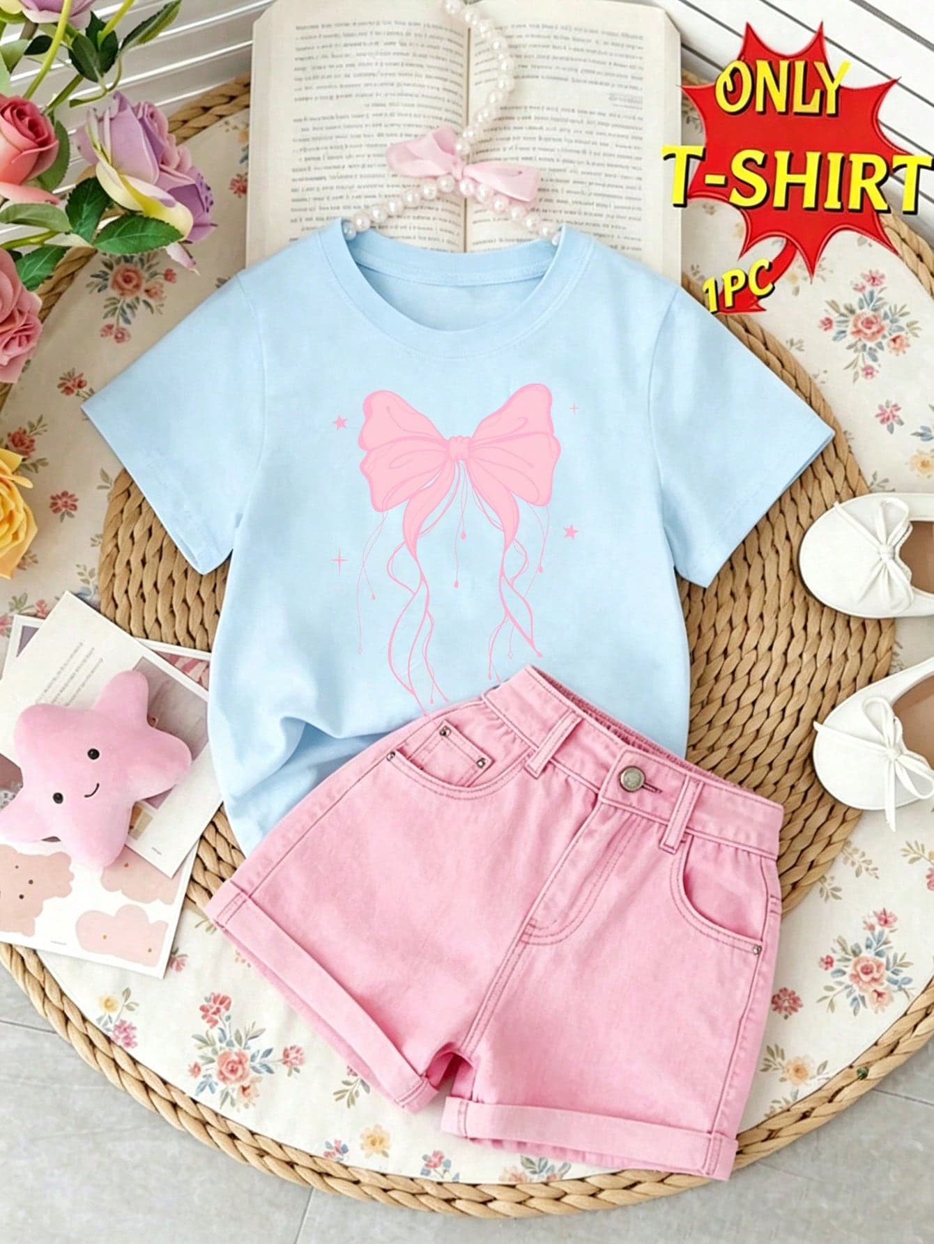 Elladie kids Girls' Fashion Fresh Minimalist Pink Bow & Love Graphic Print Casual Basic Short Sleeve T-Shirt