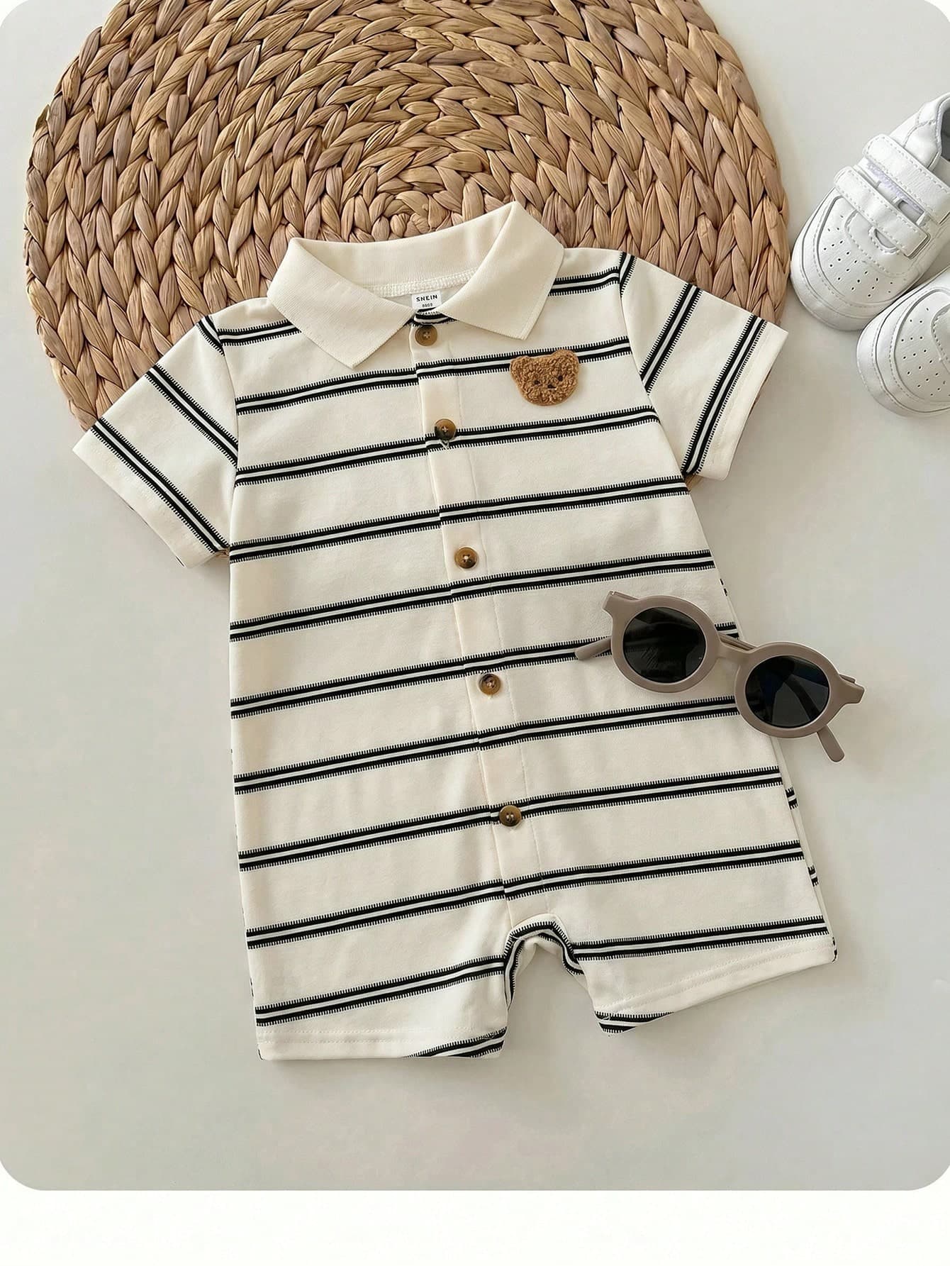 Newborn Baby Boy Black And White Striped Summer Romper,Cute Knitted Short Sleeve Casual Toddler Jumpsuit For Family Matching Birthday Party Baptism