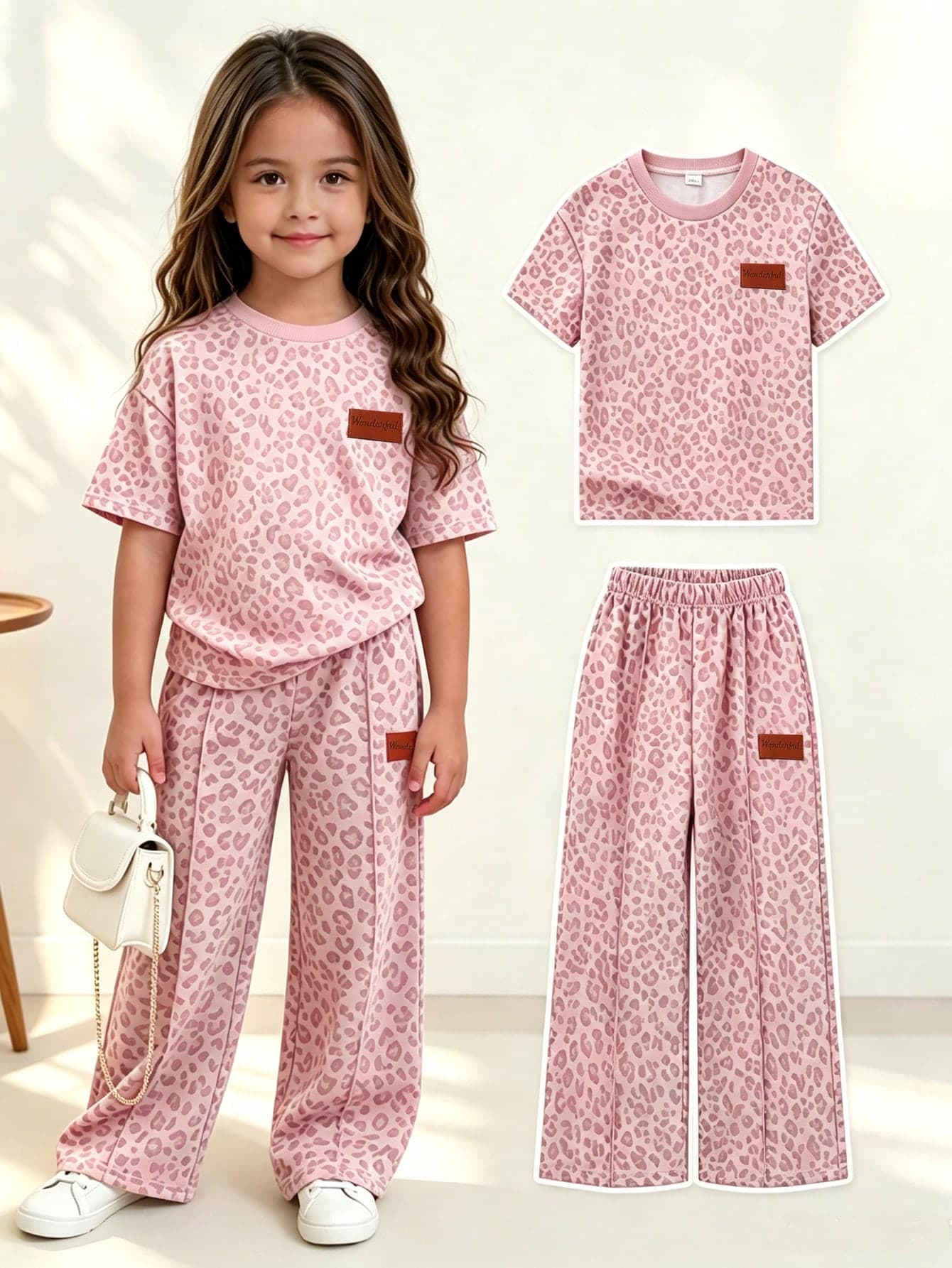 Elladie kids Young Girls Casual Loose Drop Shoulder Leopard Print Mid-Sleeve Sweatshirt And Sweatpants 2-Piece Set Back To School Outfit, Perfect For Casual, Daily Wear And Autumn/Winter School Daily Wear, Suitable For Christmas, Girls Winter Clothing, Christmas Outfit, Party Wear, Daily Wear, School Daily Outfit, Birthday Outfit, Princess Outfit, Mother-Daughter And Sister Matching, Grey Color Suitable For Young Boys, Casual Teenager Outfit, Teenager Children Casual Wear