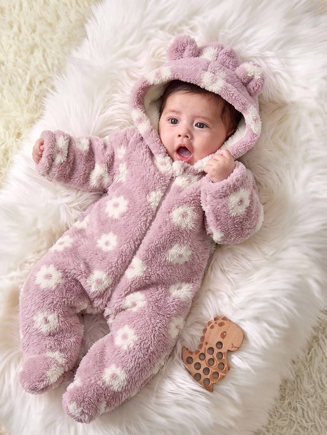 SHEIN Newborn Baby Boy/Girl Autumn/Winter Cute Fluffy Cartoon Pattern Hooded Romper