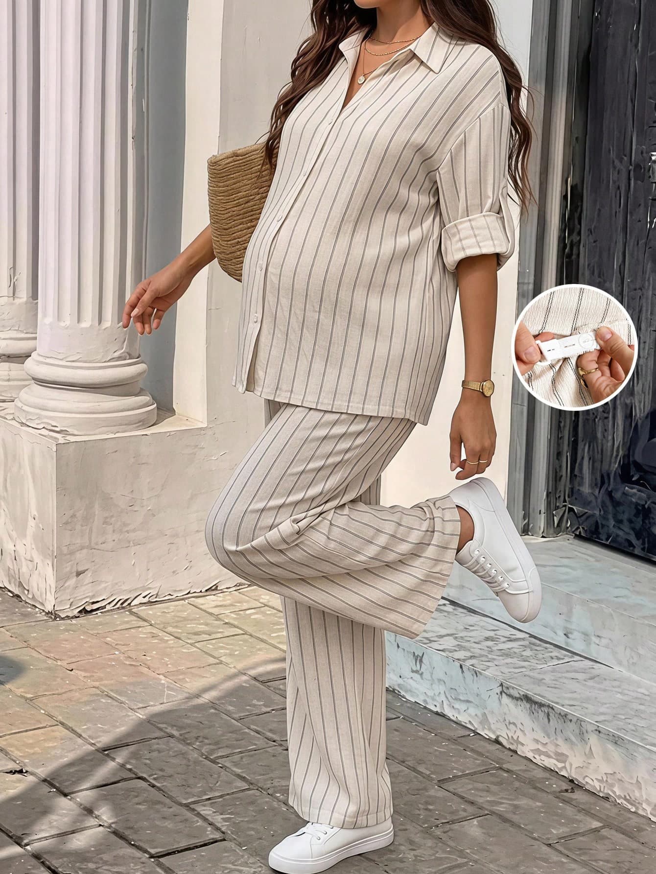 SHEIN Maternity Striped Single-Breasted Top And Adjustable Waist Long Pants Casual Daily 2 Pieces Set Fall