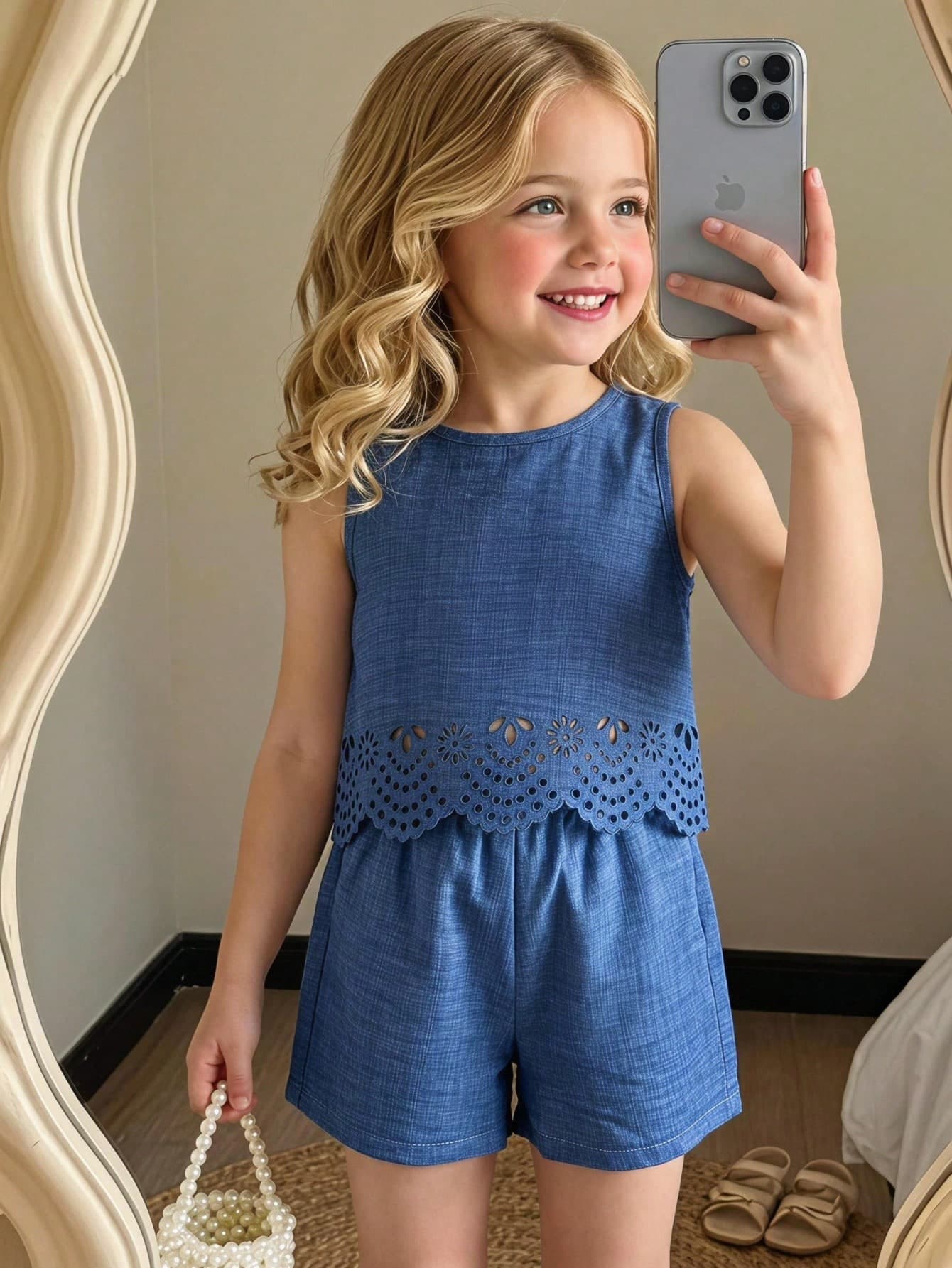 SHEIN Elladie kids Young Girl Woven Solid Color Hollow Round Neck Sleeveless Tank Top And Loose Shorts 2pcs Set, Sweet And Cute Style, Elegant And Fresh Look, Suitable For Daily Wear, Outings, Vacations, Back To School Season, Spring And Summer Clothing For Toddler Girls, Toddler Girls Outwear, Girls Tank Top Set, Girls Shorts Set