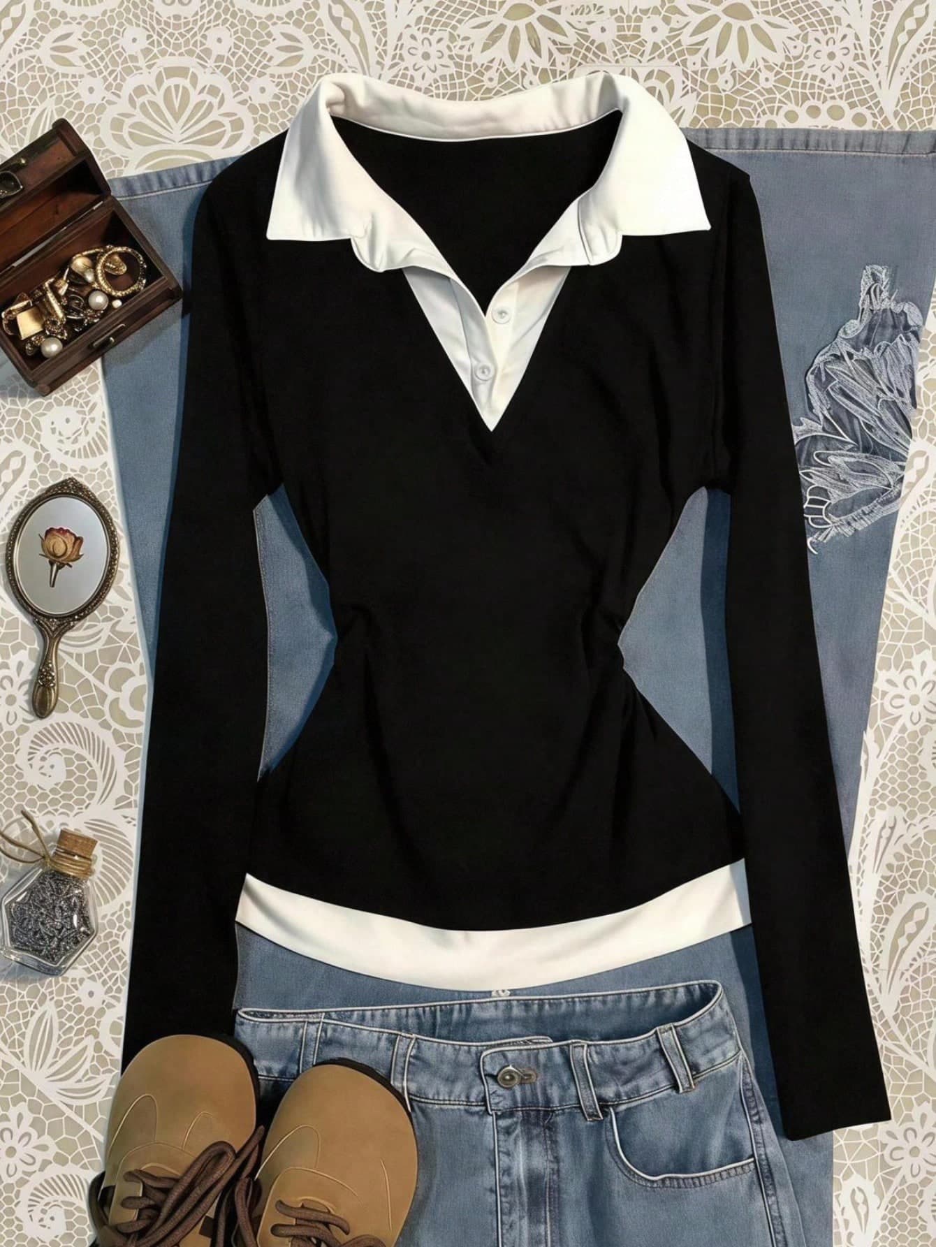 Girlism Kids Tween Girls T-Shirts Spring Autumn Winter New Black & White Collared Casual School Style Long Sleeve T-Shirt, Back To School Season, Contrast Color Shirt Collar Long Sleeve Casual Versatile Top