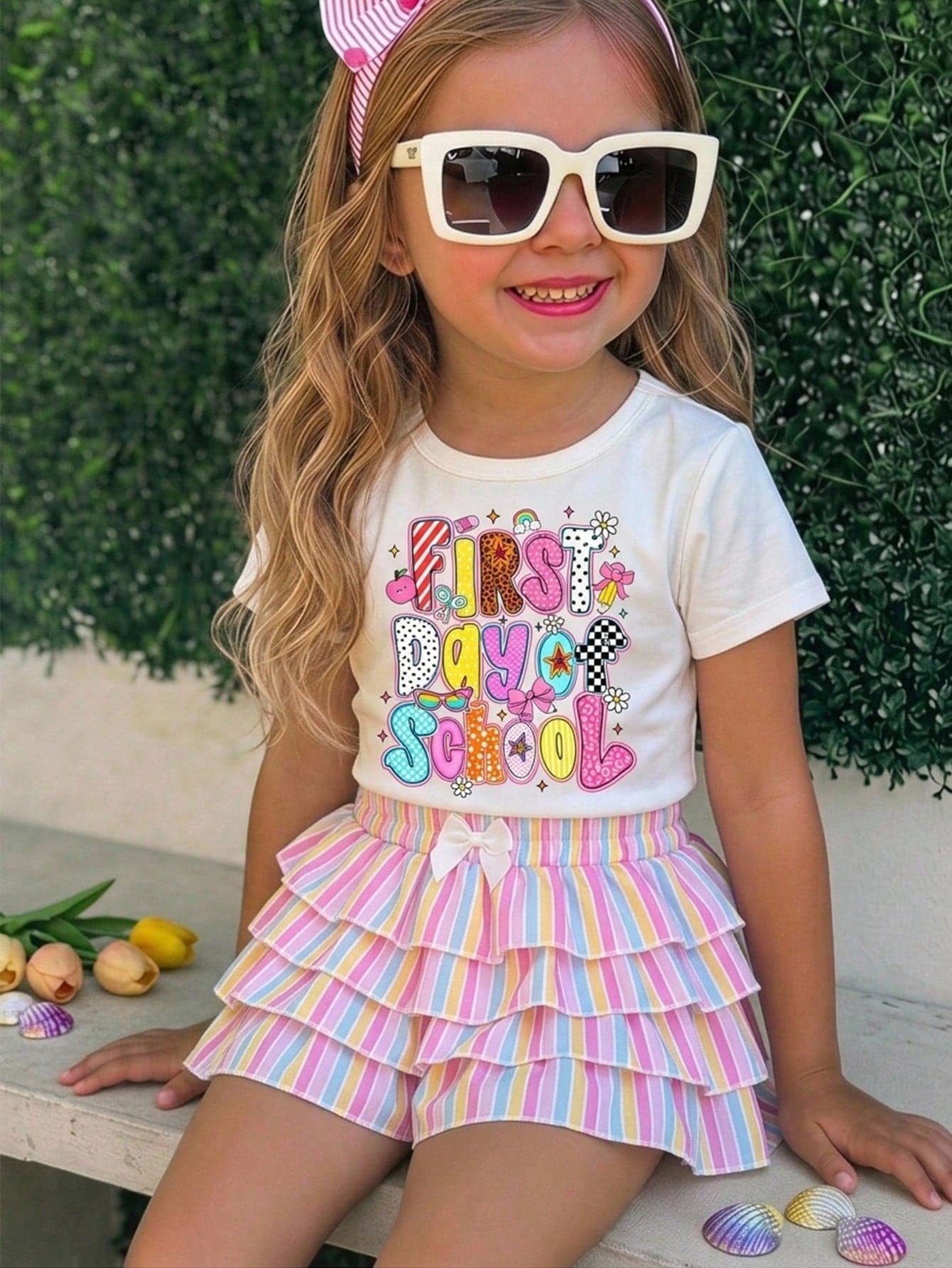 Emery Rose Kids Kids Young Girl Knit Solid Color Pattern Round Neck Casual T-Shirt And Ruffle Hem Shorts 2-Piece Set Back To School