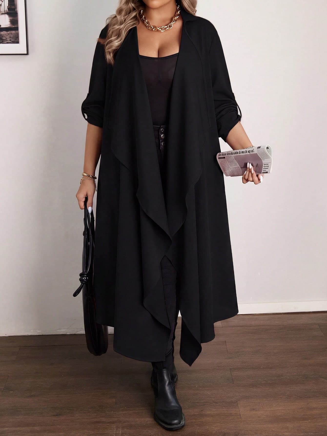 Vionelle Plus Size Casual Waterfall Collar Long Coat Winter Autumn