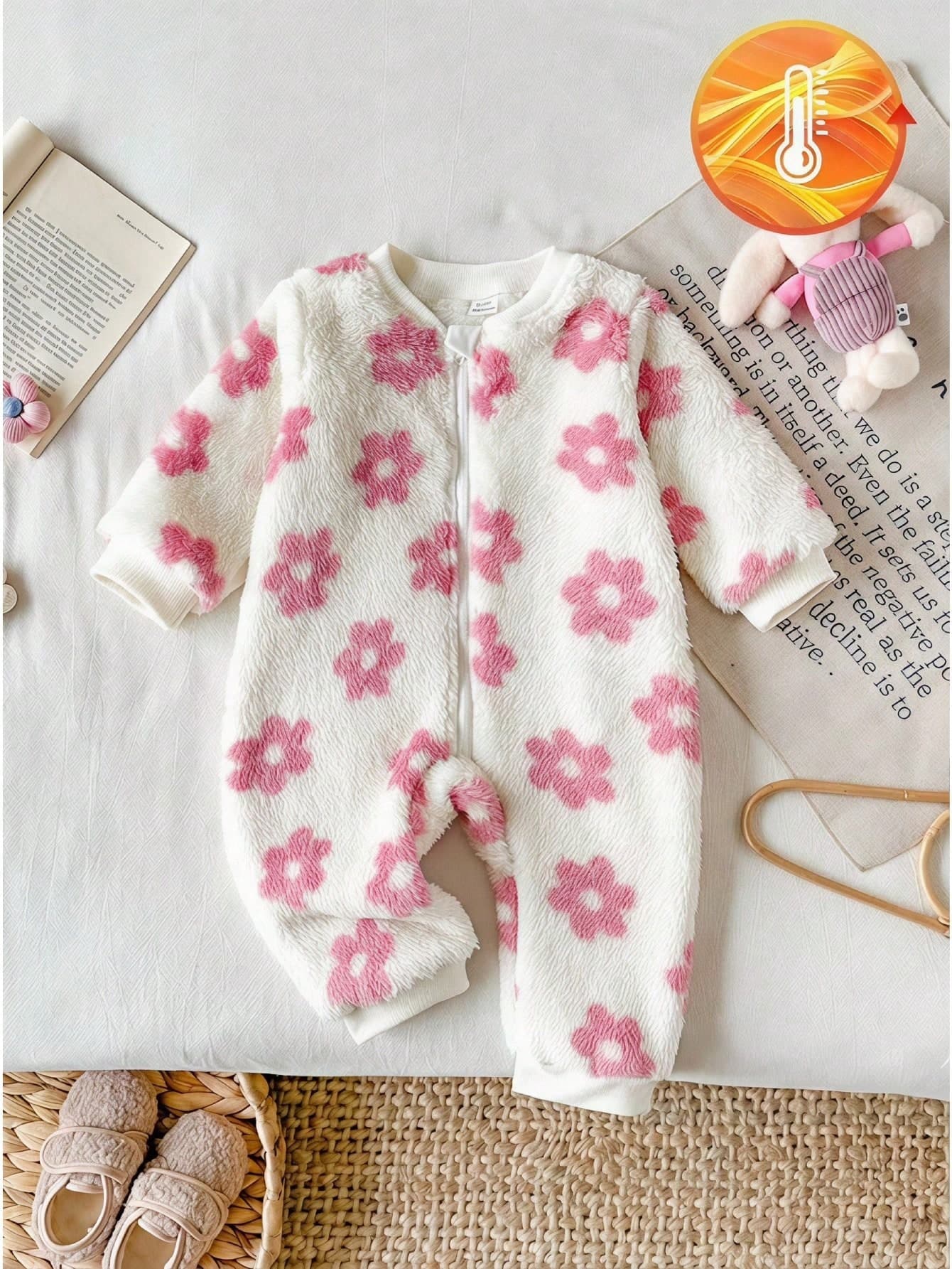 SHEIN Vintaside Kids Baby Girl Pink Floral Coral Thermal Jumpsuit, Infant Autumn/Winter Thermal Lined Zipper Jumpsuit, Crawling Suit For Outings