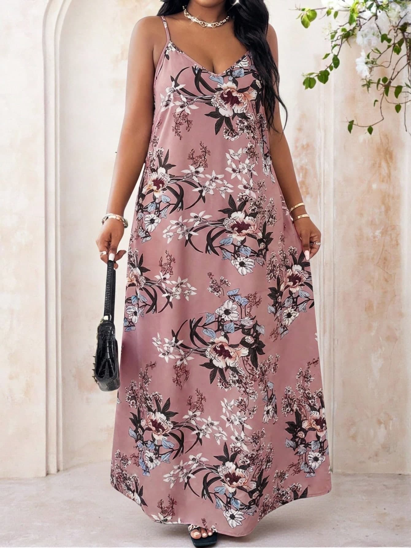 SHEIN Lady Plus Size Women Floral Print Casual Loose Vacation Sleeveless Dress Summer Dresses For Outfits Pink Dinner Cruise Outfit Sundress