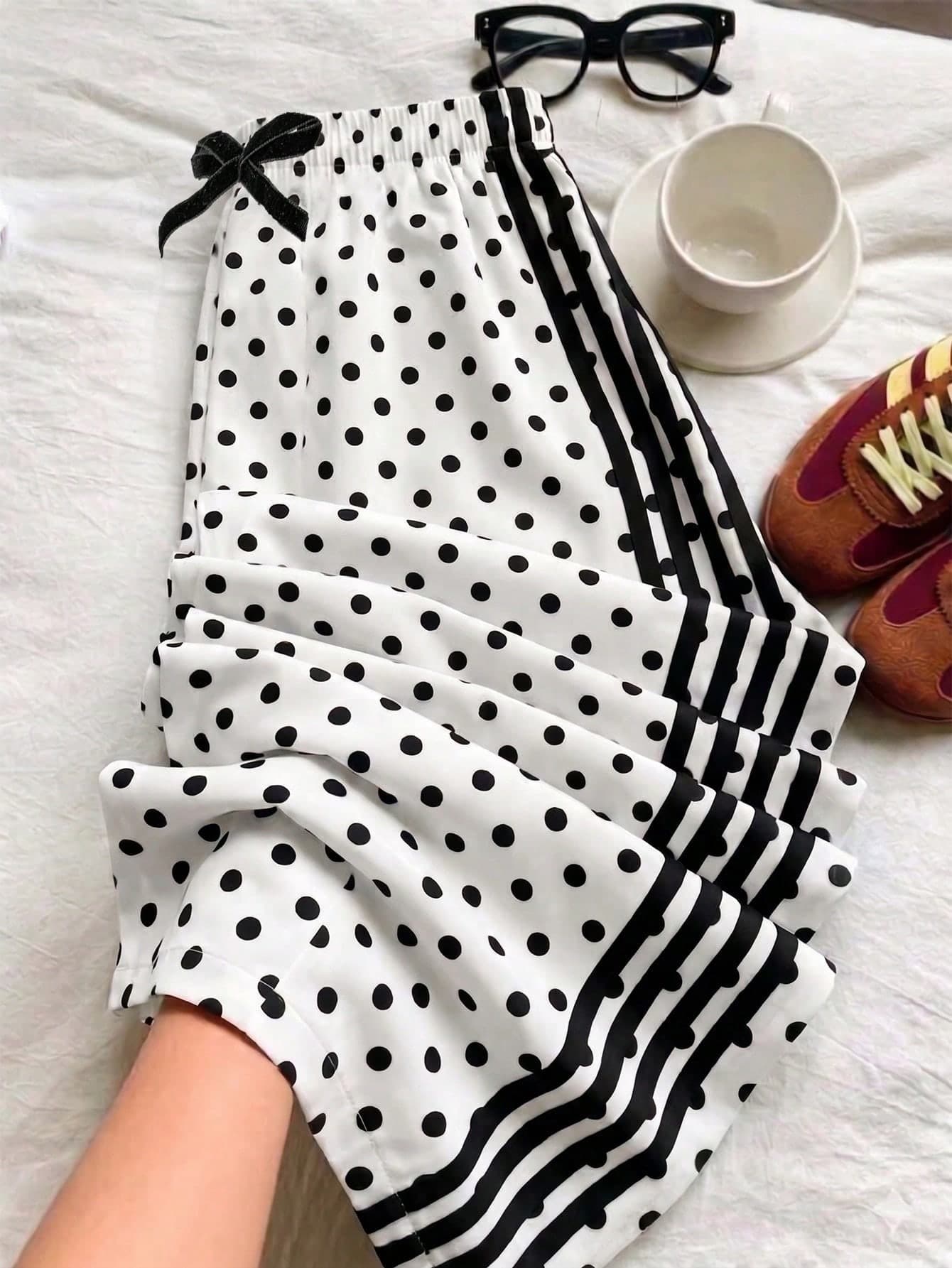 Tween Girls' Long Pants – Pure Black & White Polka Dot With Contrast 3-Stripe Side Design, Retro Cute Style For Autumn School Wear