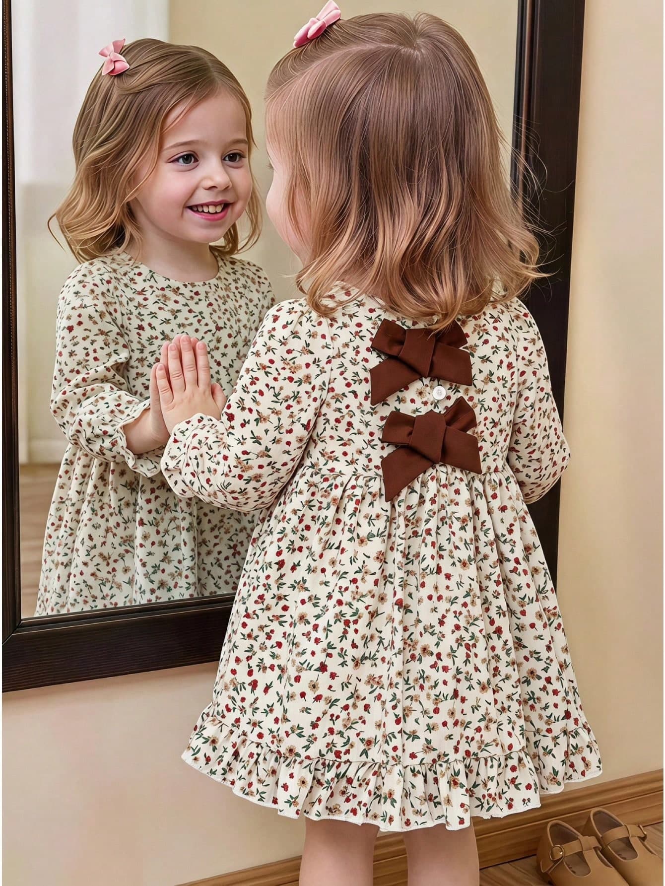 SHEIN Vintaside Kids Baby Girl 0-3Years ,1pc Casual Style Fall Outfits,Flower-Printing Puffy Dress.