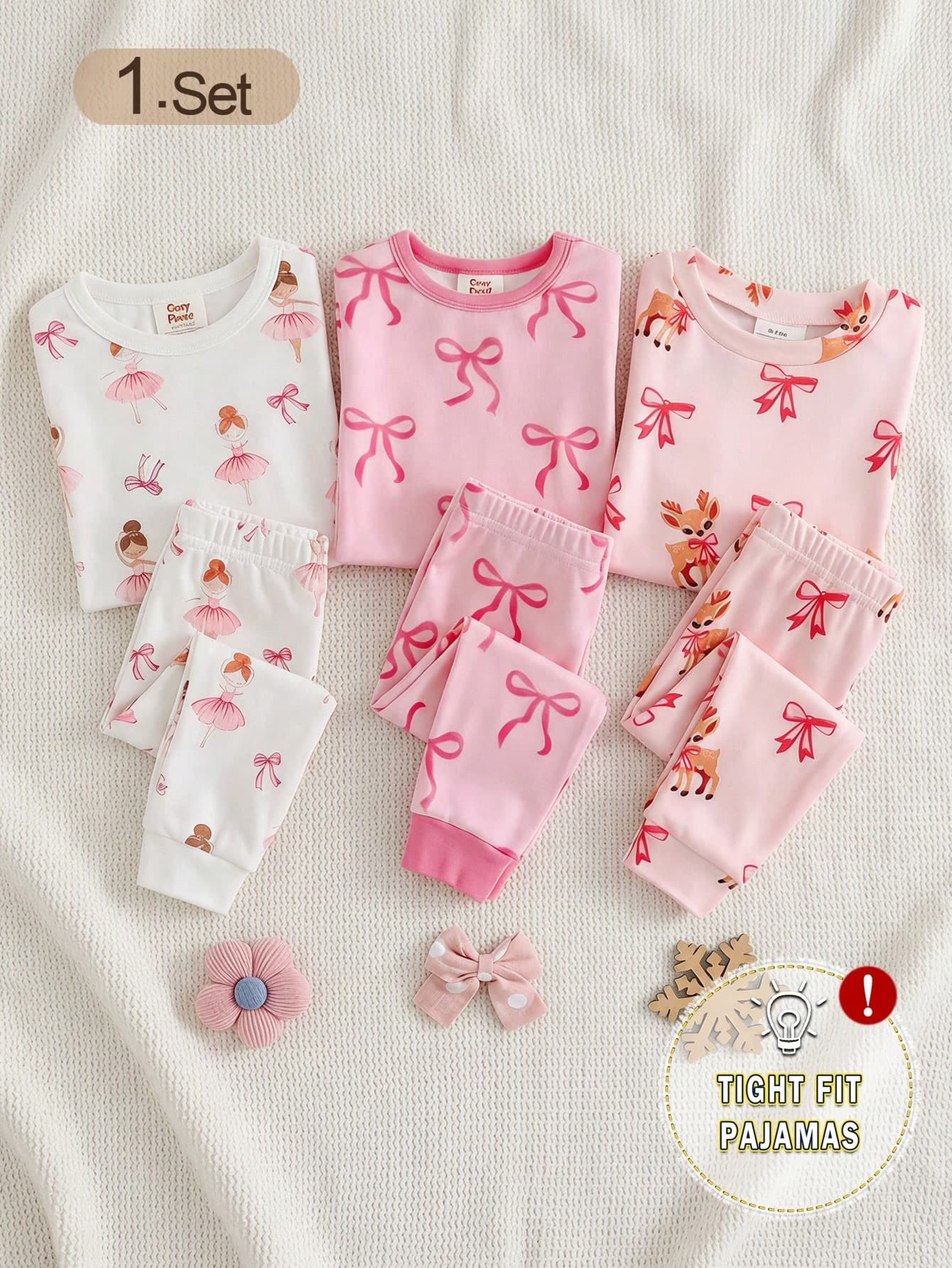 Baby Girls Pajamas 2pcs/Set Cute Deer Bow Print Knit Comfortable Soft Long Sleeve Long Pants Snug Fit Sleepwear Loungewear Set