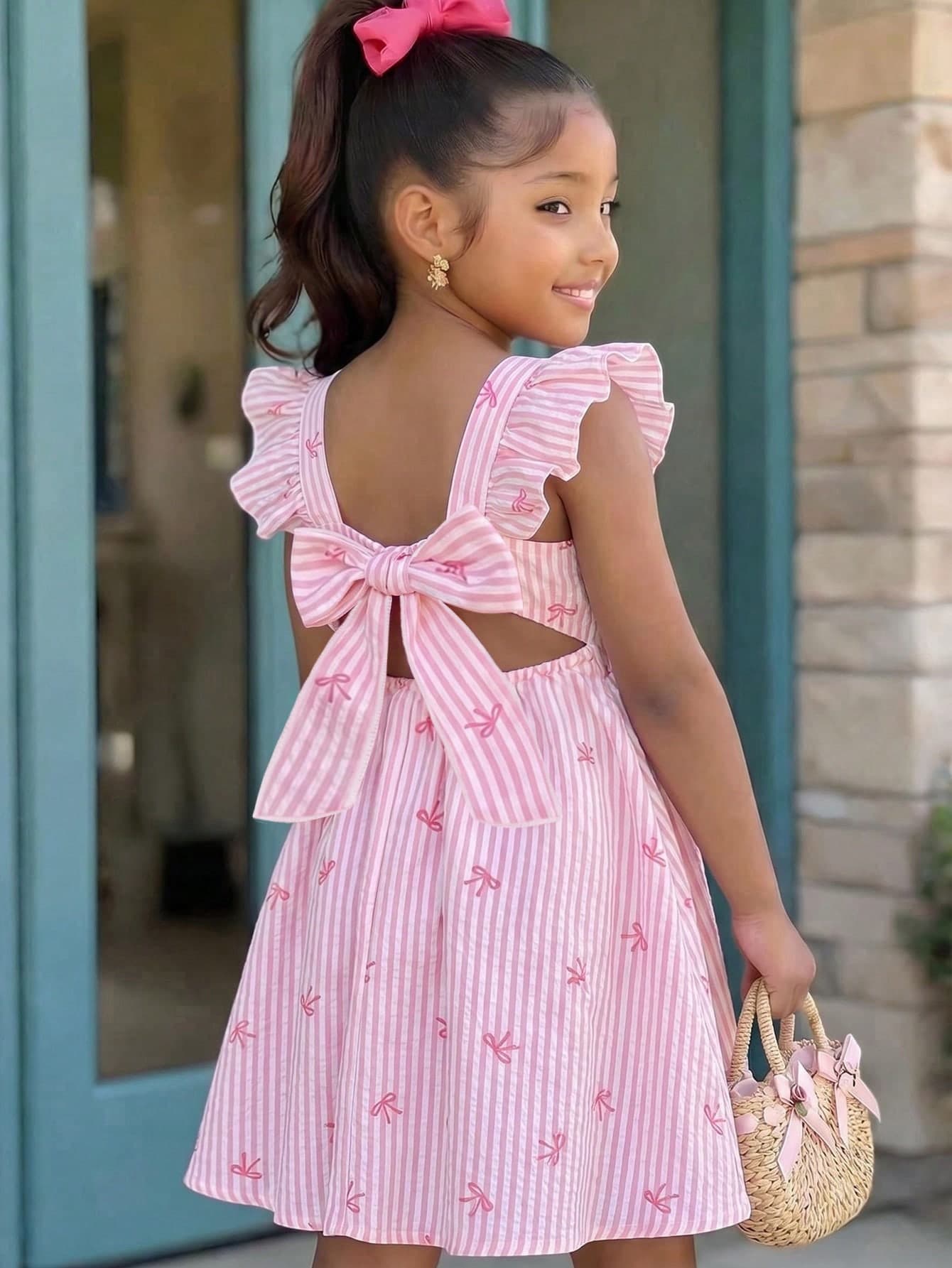 SHEIN Tween Girl Tween Girl Tween Girl Casual Daily Vacation Flutter Sleeve Back Bow Dress, Colorful Striped Print