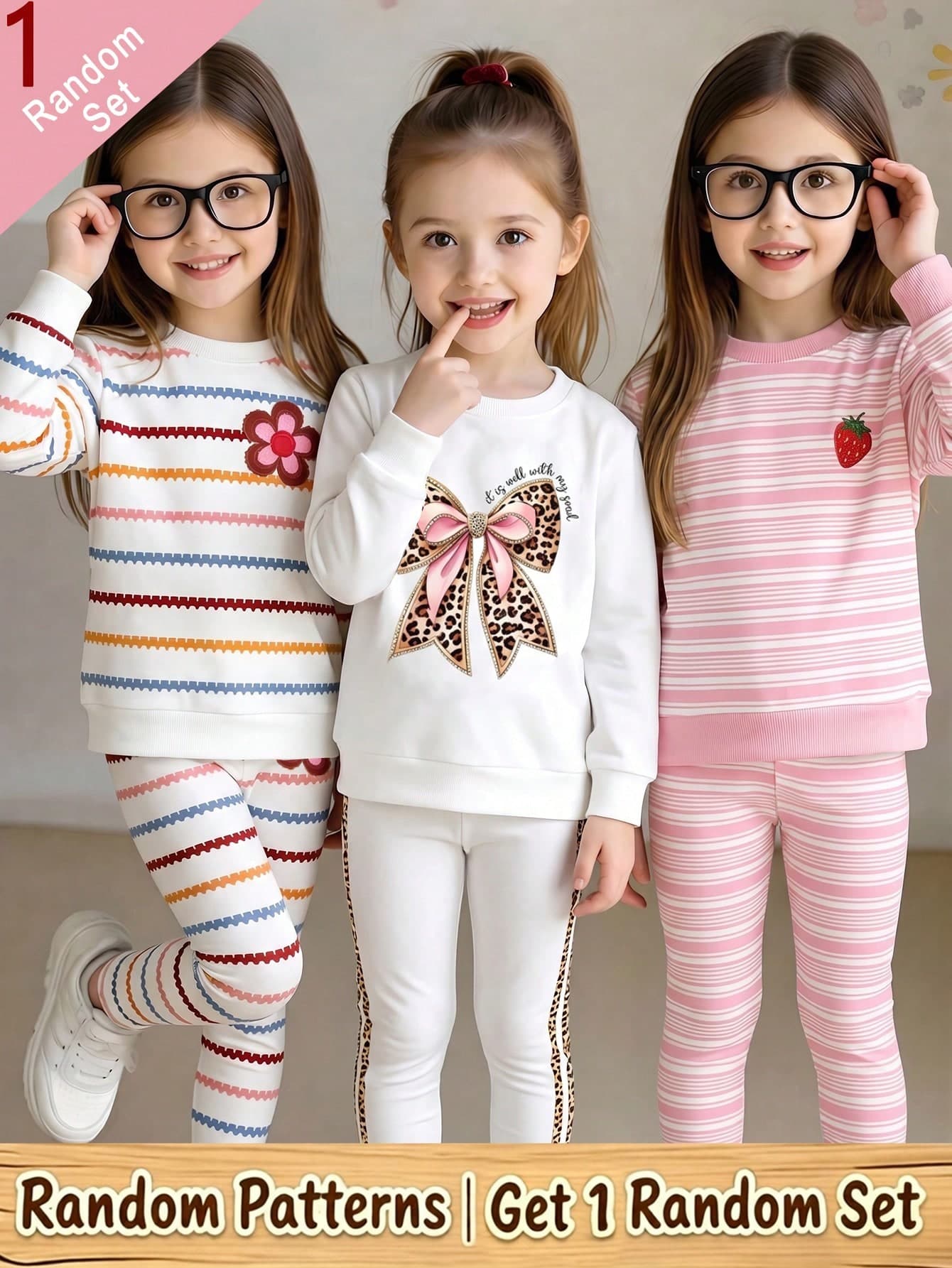 SHEIN Random 3 Sets Get 1 Free, Young Girl Casual Sweet Leopard Print Bowknot Sweatshirt Leggings Set + Strawberry Print Leggings + Floral Print Leggings
