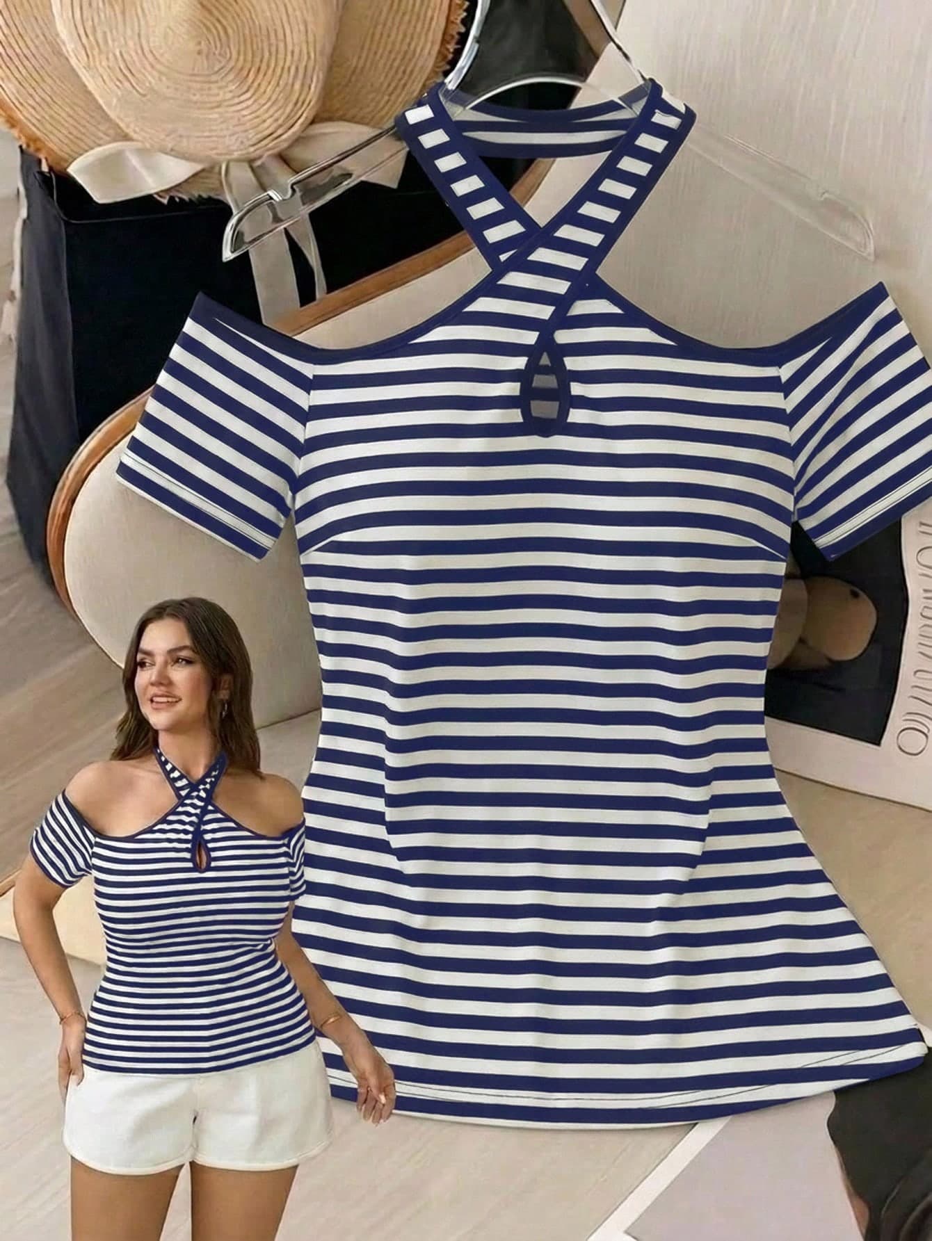 Comfylo Plus Size Women's Cold Shoulder Striped Halter Neck Contrast Trim T-Shirt
