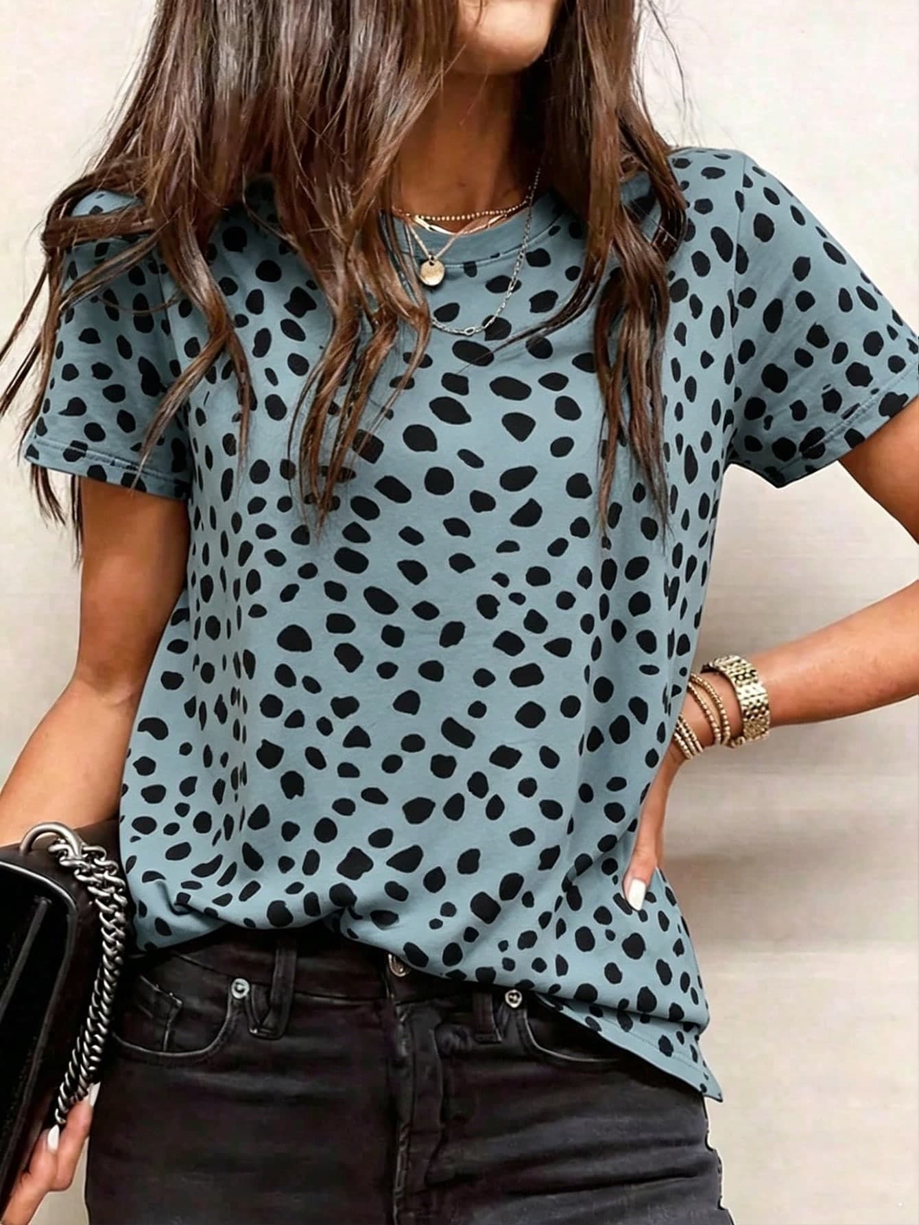 EMERY ROSE Plus Size Women's Summer Short Sleeve Casual Polka Dot Print Round Neck T-Shirt