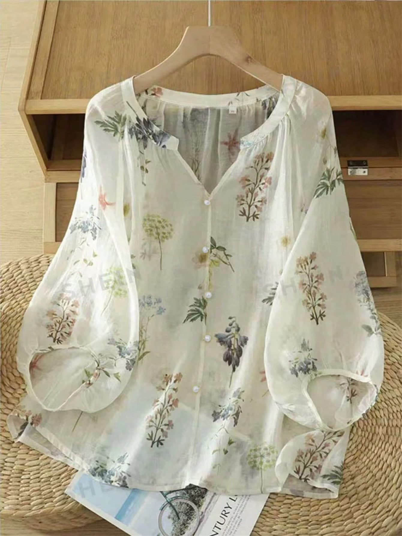 SHEIN LUNE CURVE Vintage V-Neck Lantern Sleeve Loose Plus Size Women's Blouse,Summer Boho Holiday Vacation Multicolor Floral Work Shirts Wrinkle Free Casual Tops
