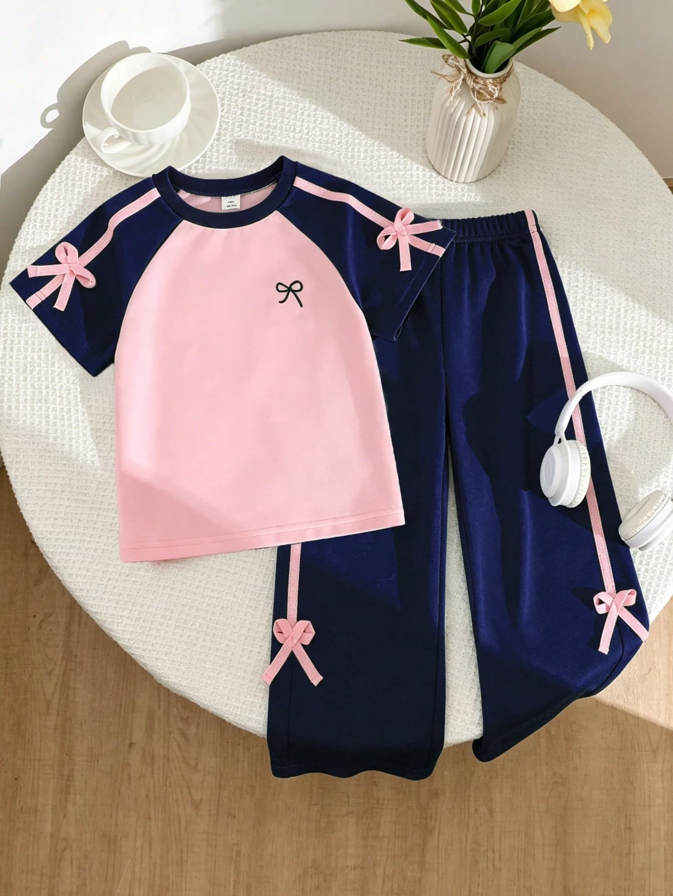 Genkimix Kids Young Girls Spring/Summer Casual Fashion New T-Shirt Set, Made Of Soft Skin-Friendly Premium Fabric, Wide Leg Long Pants With Pink Bow Decoration, 2 Pieces Set For Spring/Summer Outfits