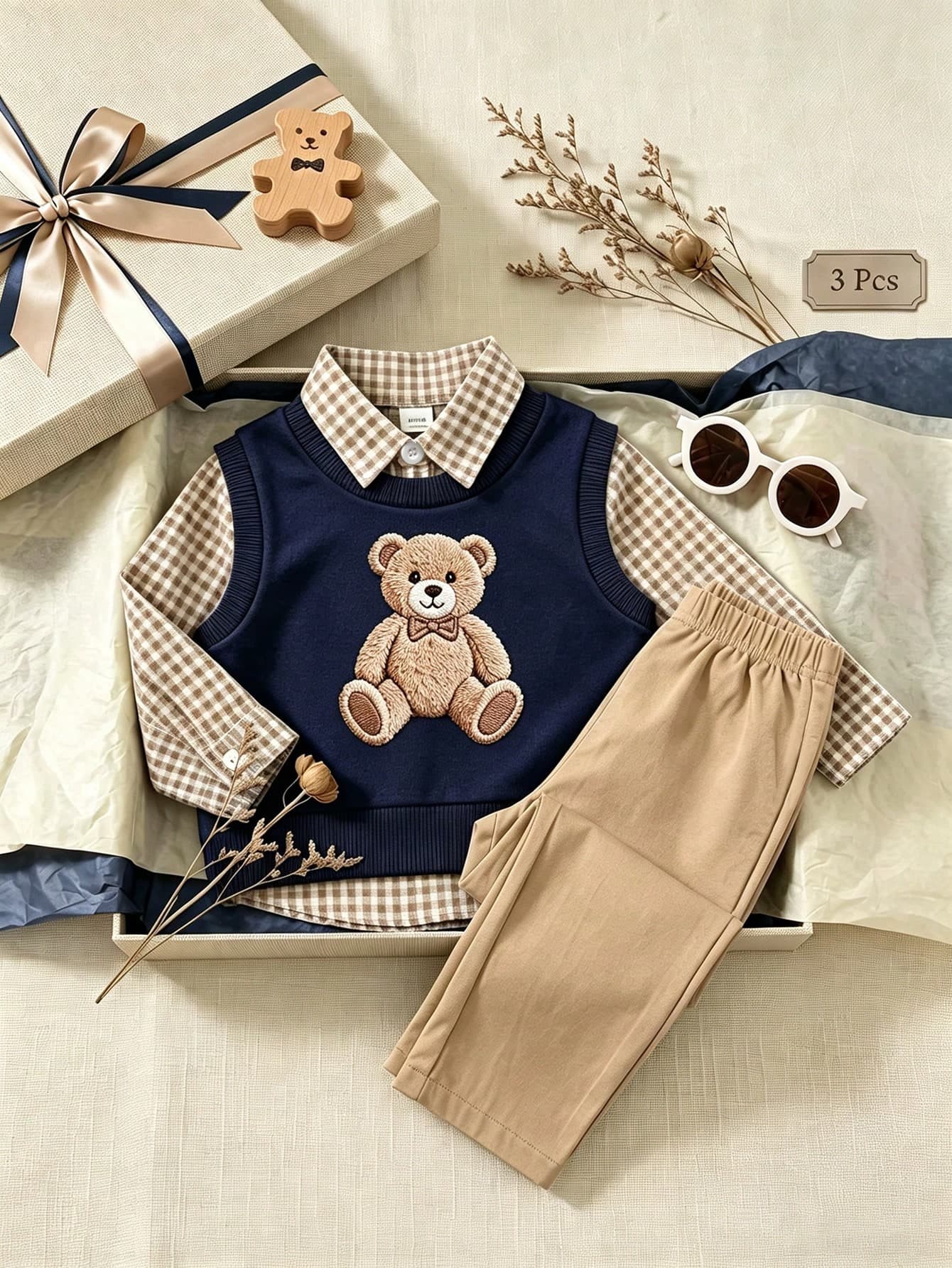 Souflis Souflis 3pcs Baby Boys Printed Vest + Long Sleeve Plaid Shirt + Denim Jeans Casual Set, Korean Style Vintage Versatile Animal Horse Print Vest Paired With Lapel Single-Breasted Shirt And Washed Denim Jeans British Style School Uniform, Suitable For Autumn/Winter Daily Outings And Back To School Season