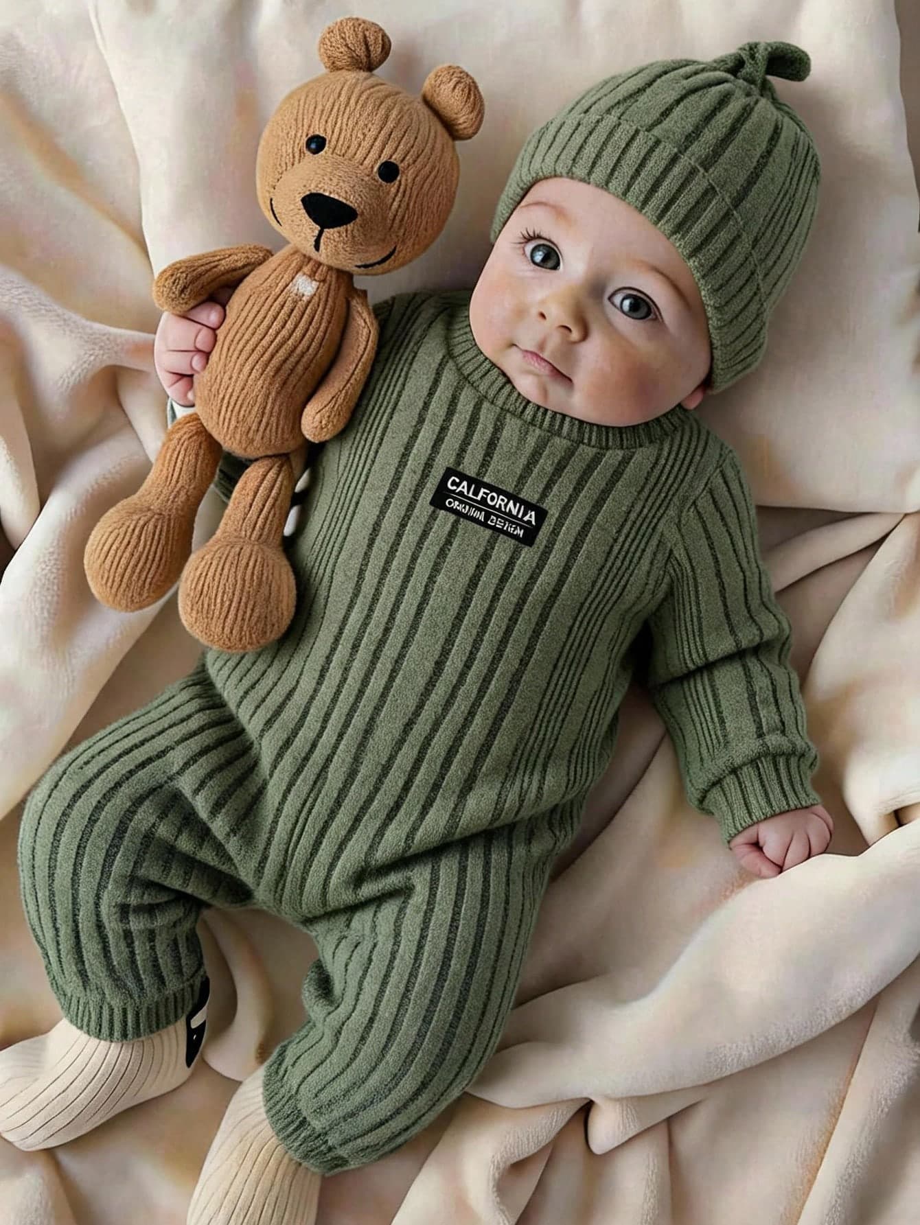 SHEIN Newborn Autumn/Winter Knitted Ribbed Fashion Casual Long Sleeve Round Neck Shoulder Snap Romper With Cute Protective Hat