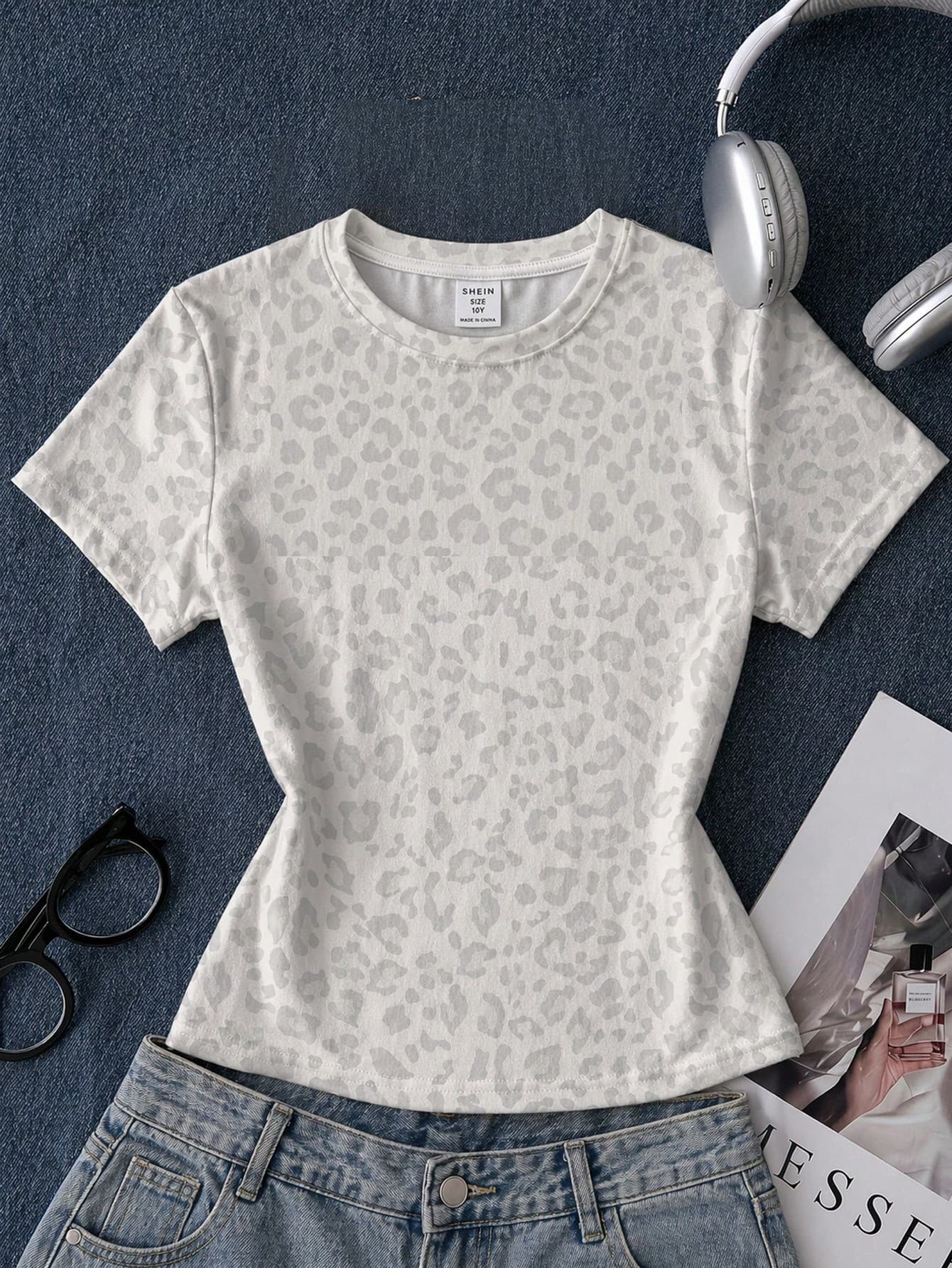 Tween Girl Slim Fit Casual Minimalist Comfortable Leopard Print Round Neck Tight Long Length Short Sleeve T-Shirt Suitable For Summer