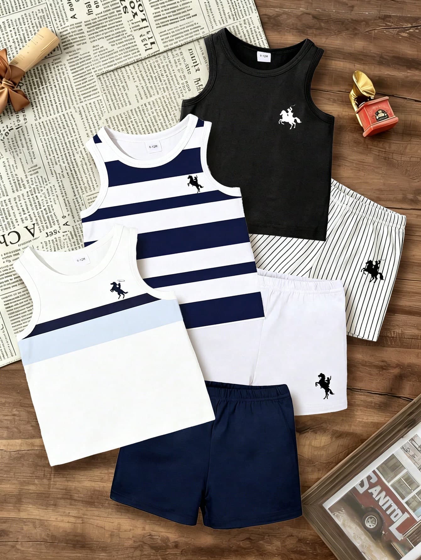 Souflis Souflis 6-Piece Baby Boy Suit,Black And White Checkered,Summer,Casual,Beach,Equestrian Logo Sleeveless Vest,Striped T-Shirt&Shorts Set For School Activities