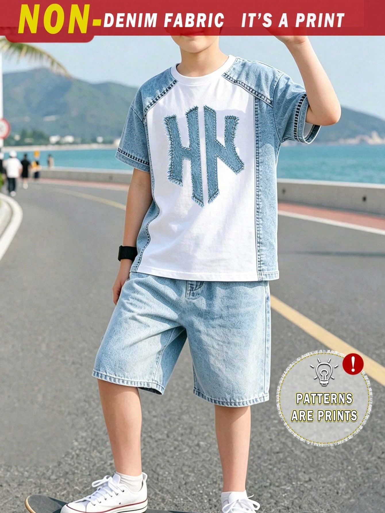 (1 Set) Summer Boys Casual Fashion Minimalist Blue Icon Collar Contrast White Pattern Basic Short Sleeve T-Shirt & Shorts, Comfortable Daily Outfit