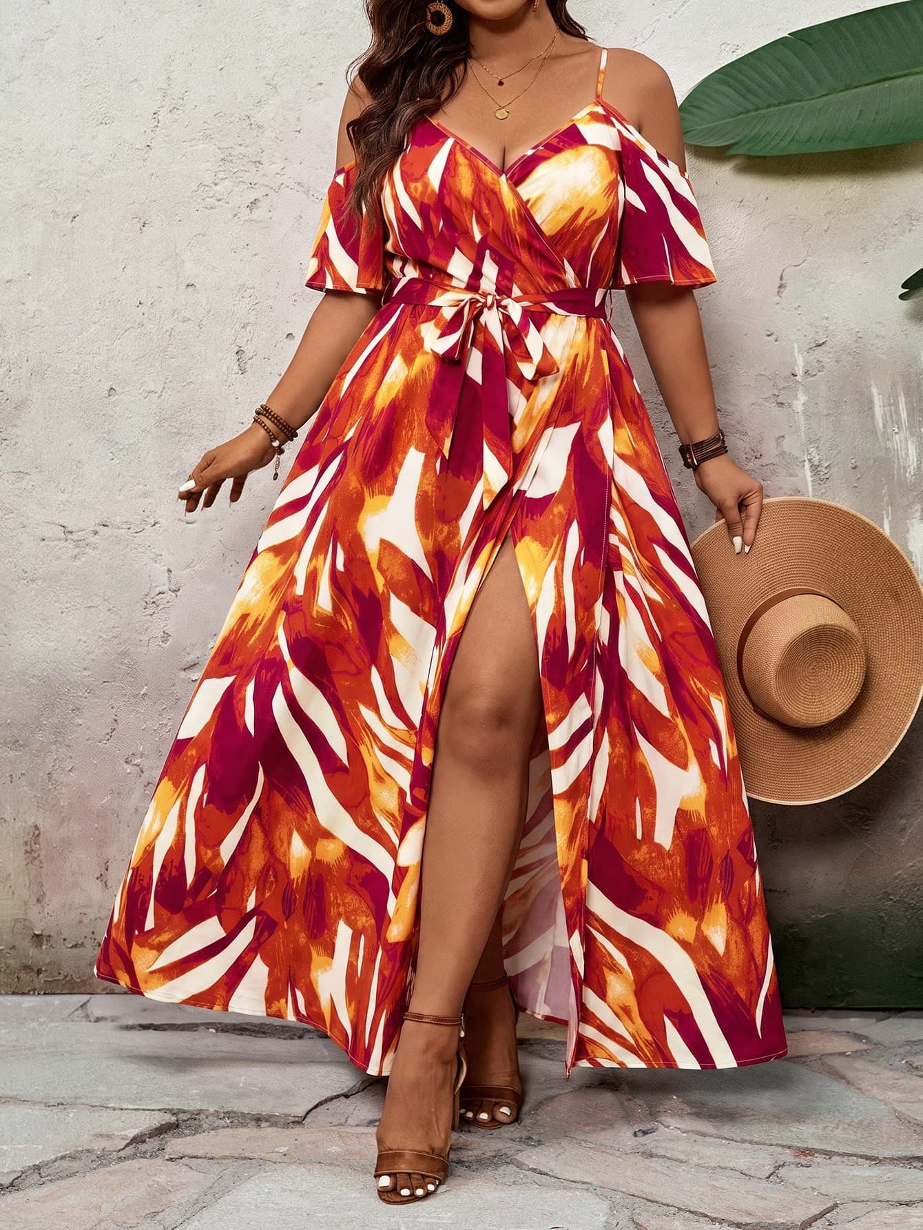 SHEIN VCAY Plus Size Open Shoulder Short Sleeve Holiday Dress Beach Vacation Orange Summer Boho