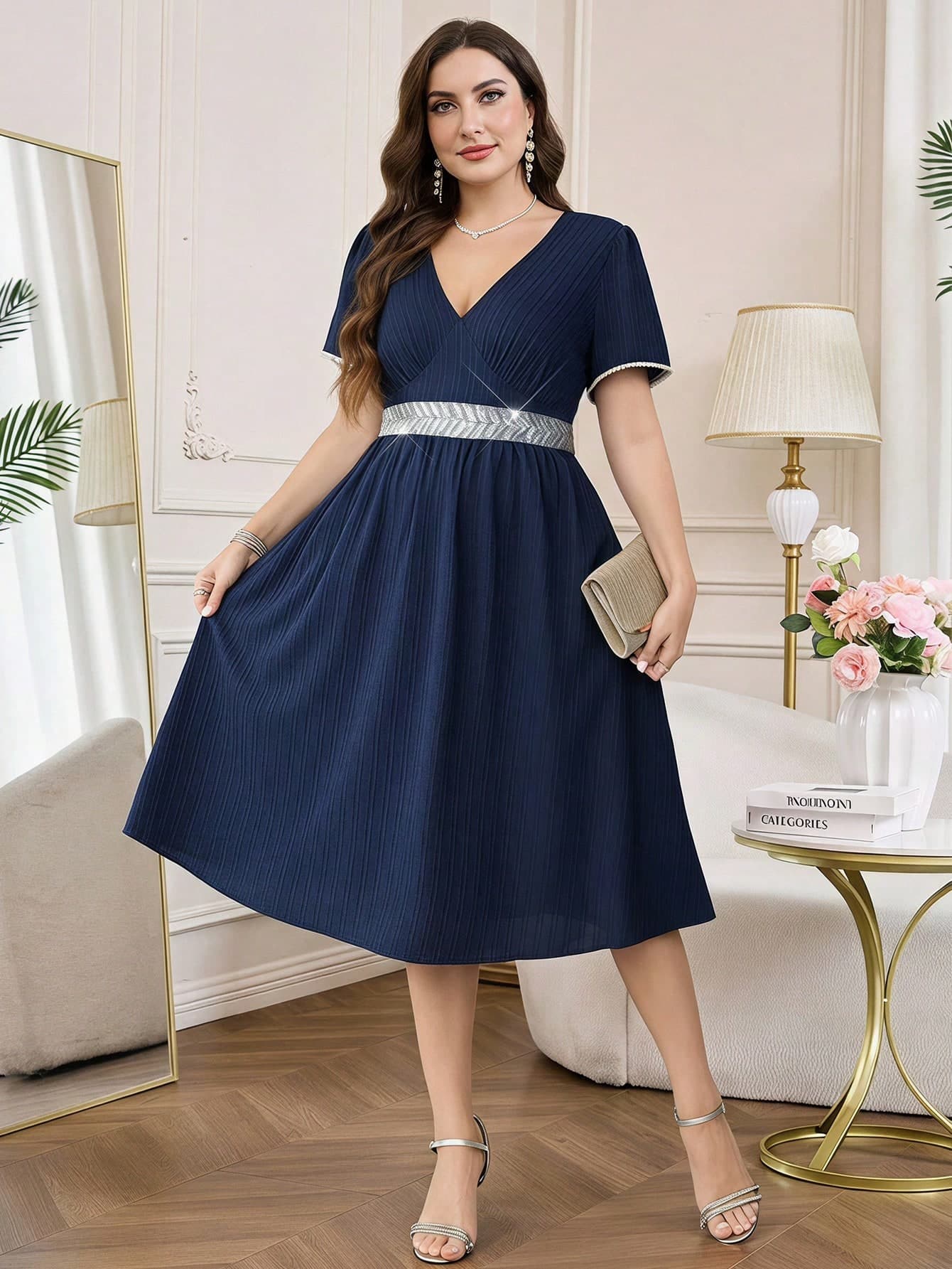 SHEIN Clasi Plus Size Women's Summer Dress, Elegant Vintage Short Sleeve Midi With Pockets, V-Neck Cinched Waist, Navy Blue Ditsy Floral, Casual Wedding Brunch