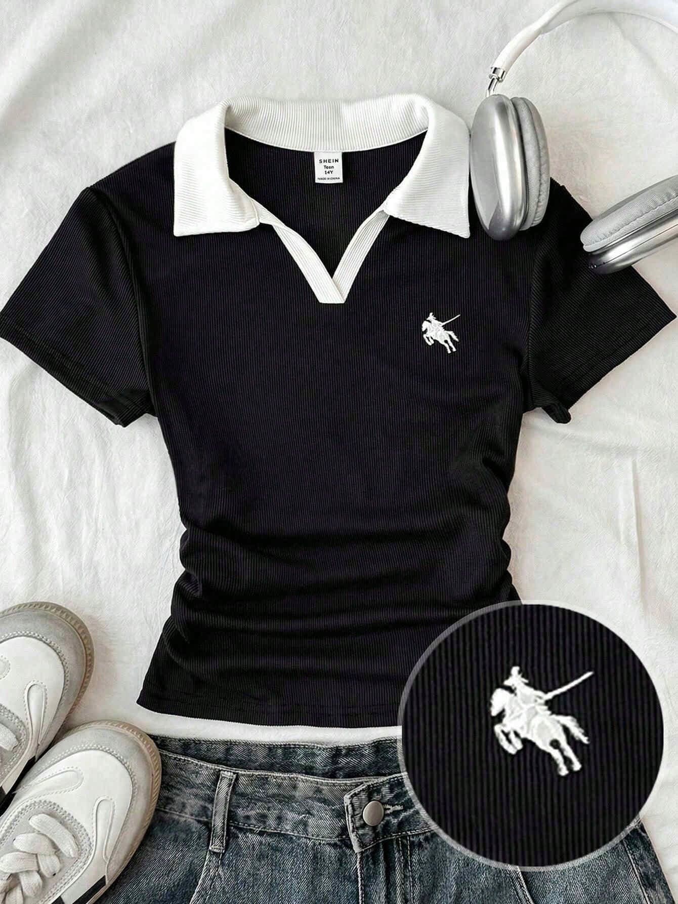 SHEIN Teen Girls Black And White Contrast Collar Knit Casual Colorblock Fitted Waist T-Shirt With Small Logo Embroidery