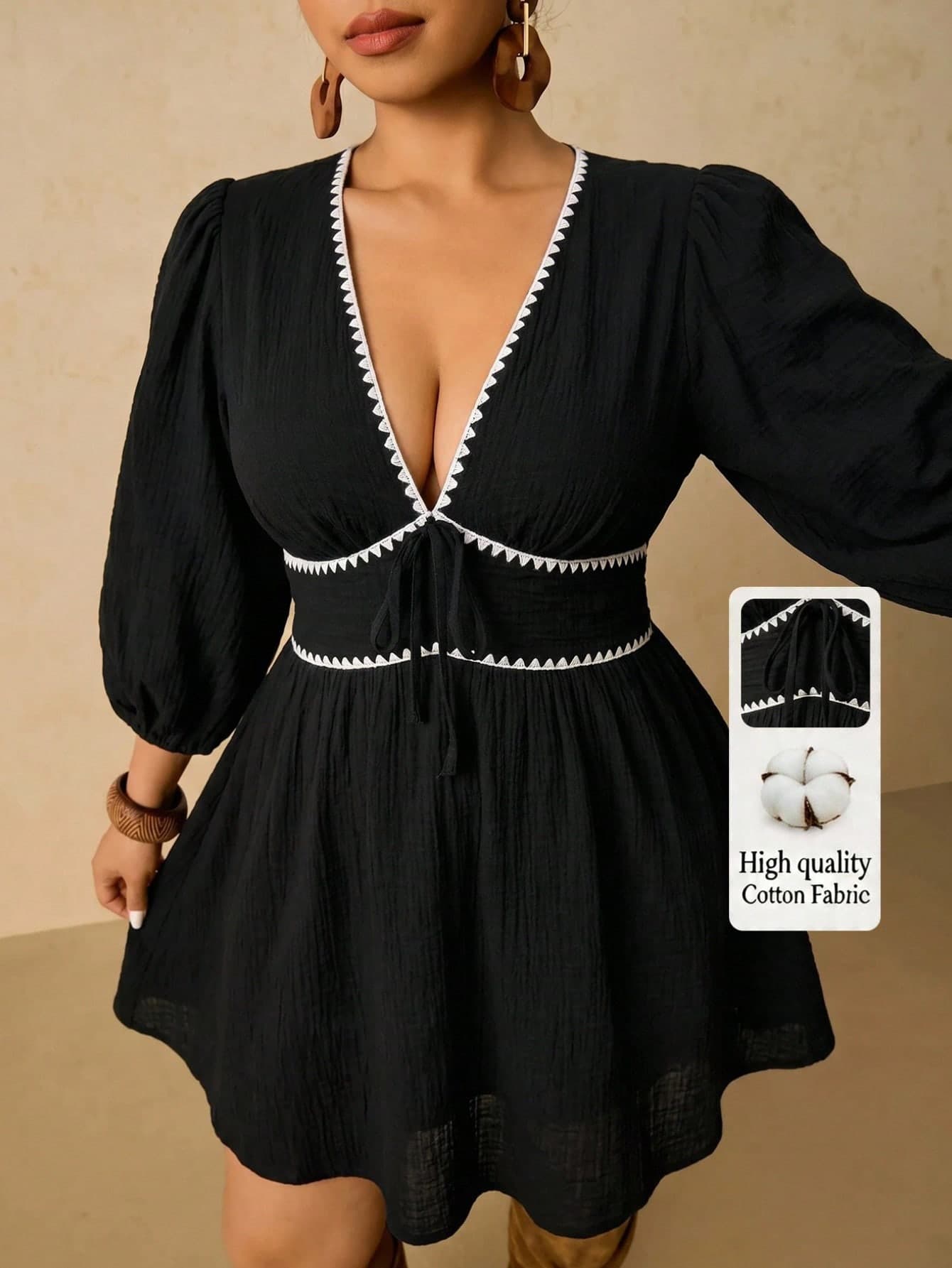 Travachic 100 Cotton Black And White Plus Size Bohemian Elegant Style Front Tie Bow V-Neck Long Sleeve Short Casual Dress, Suitable For Summer Wear Vacation