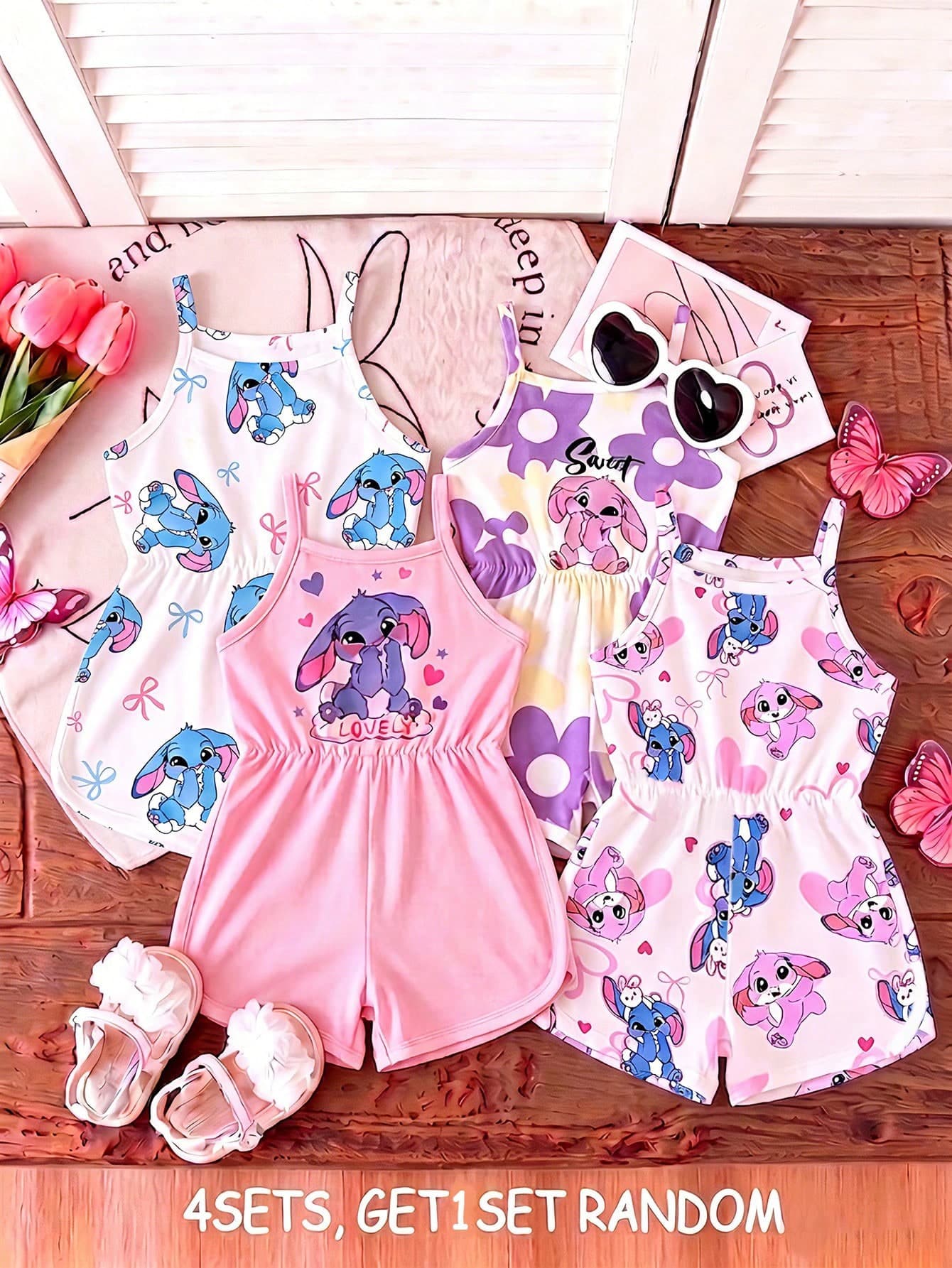 Souflis Souflis Girls' Summer Cartoon Cami Romper Blind Box, 4 Styles Randomly Sent, Soft Cute 1pc, New Round Neck Casual Romper For Baby Girls White Hot Pink