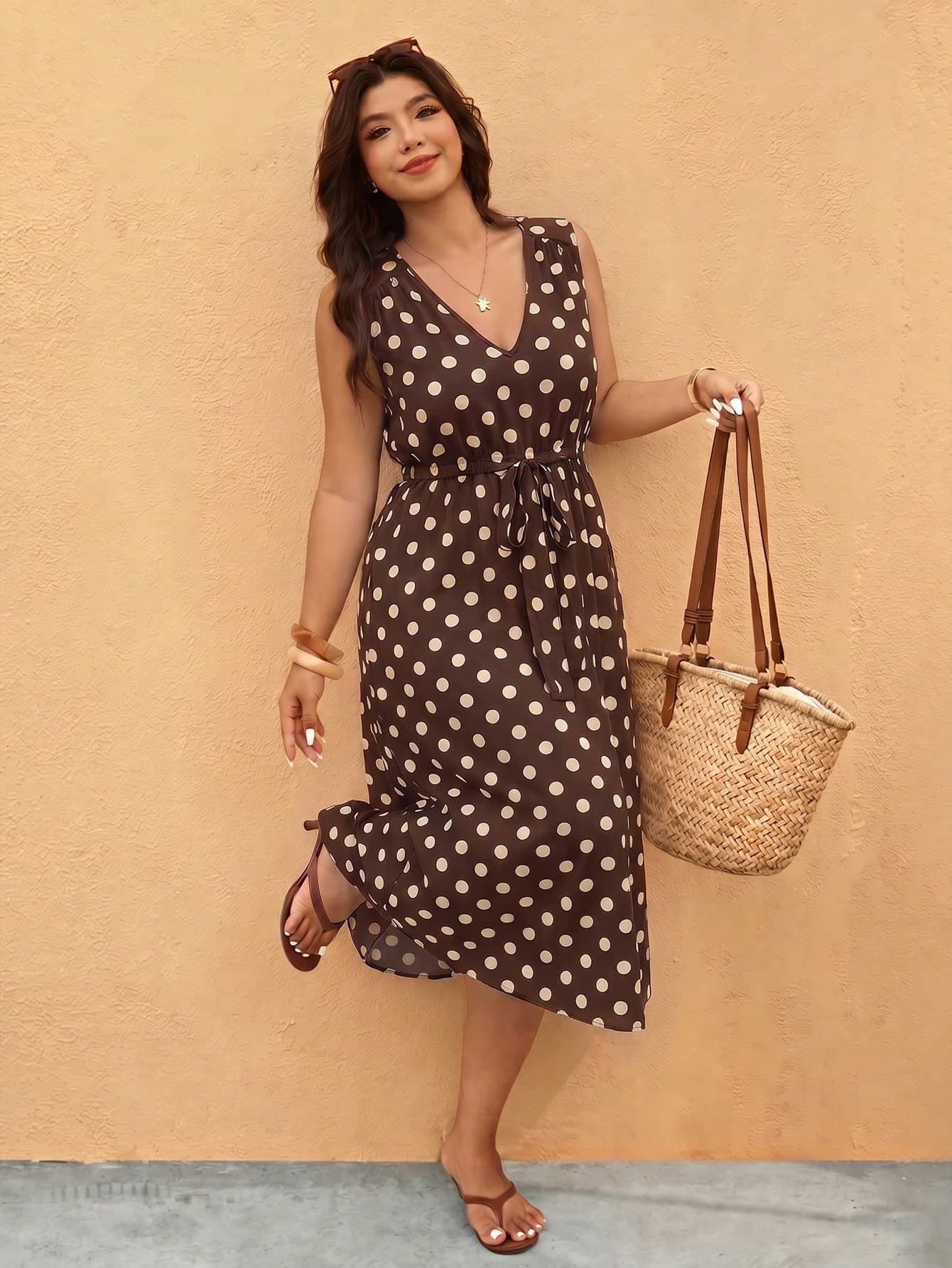 SHEIN Essnce Casual Minimalist Apricot Polka Dot Brown Plus Size Dress Suitable For Summer