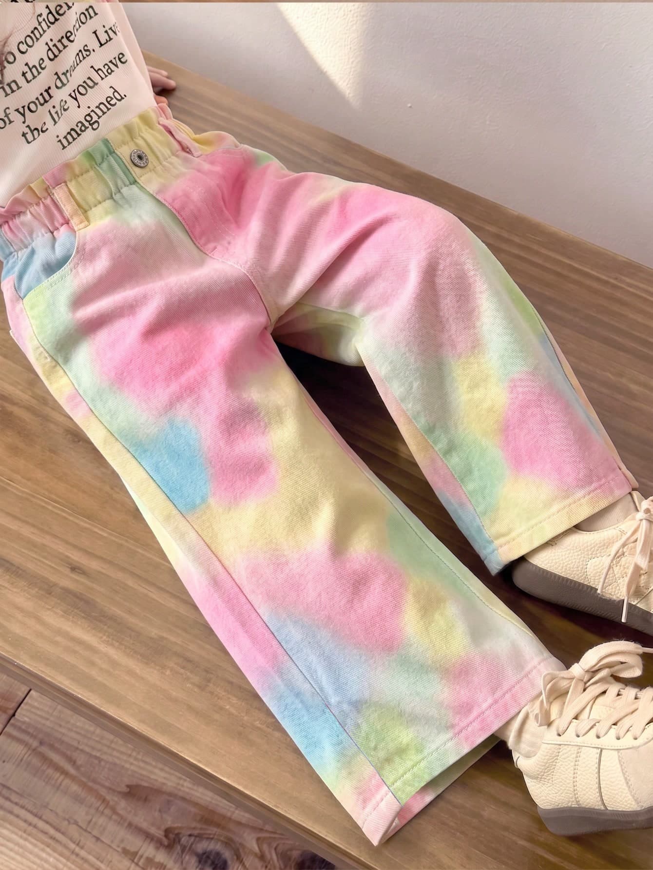SHEIN Elladie kids Young Girl Casual Boho Holiday Paperback Waist Flat Pockets Wide Legs Jeans Girls Daily OOTD Outfits