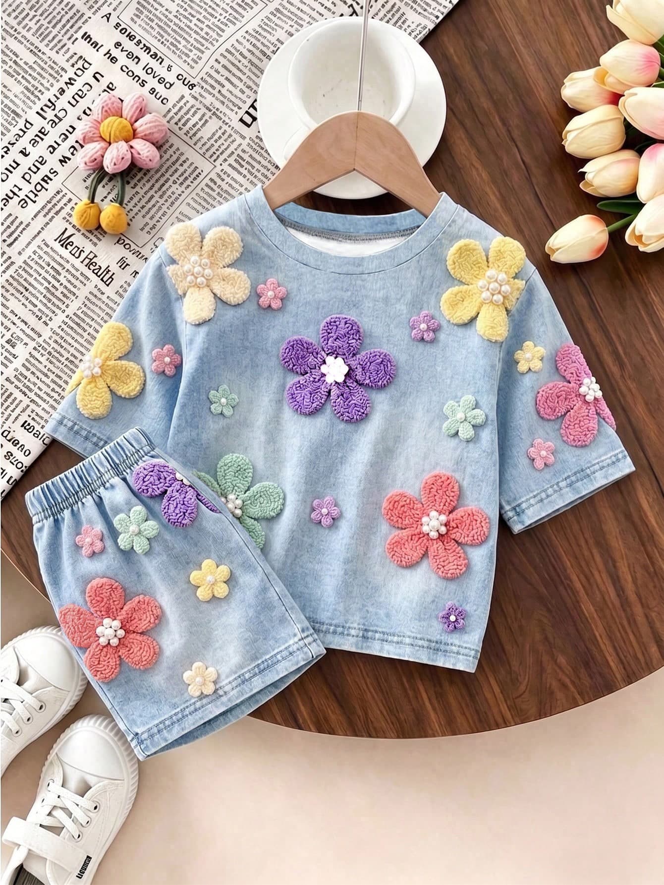 SHEIN Playful Pals 2pcs/Set Girls' Summer New Soft Fabric Round Neck Short Sleeve T-Shirt & Elastic Waist Loose Shorts, Simple Versatile Fashion Summer Outfit