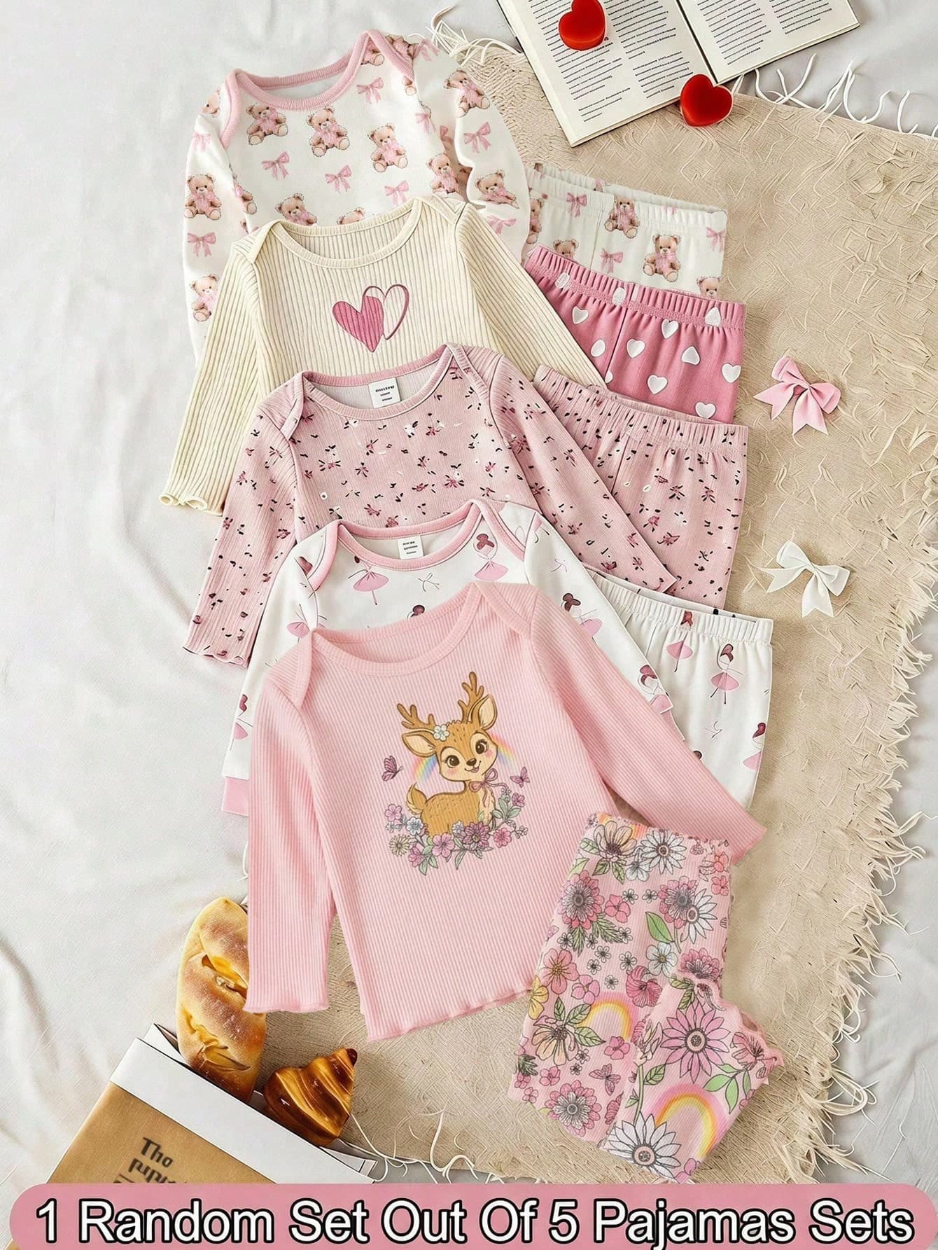 SHEIN Newborn Pink Ribbed Floral Print Long Sleeve Jumpsuit + Set, Comfortable Fashionable Infant Wear(1 Random Set Out Of 5 Pajamas Sets)
