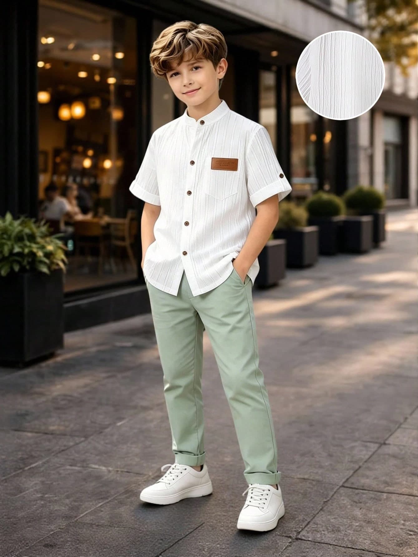 SHEIN Older Kids Boys' Cream White Textured Striped Collared Shirt & Green Pants Set,Summer Classy Elegant Family Matching Outfit For Wedding,Prom,School