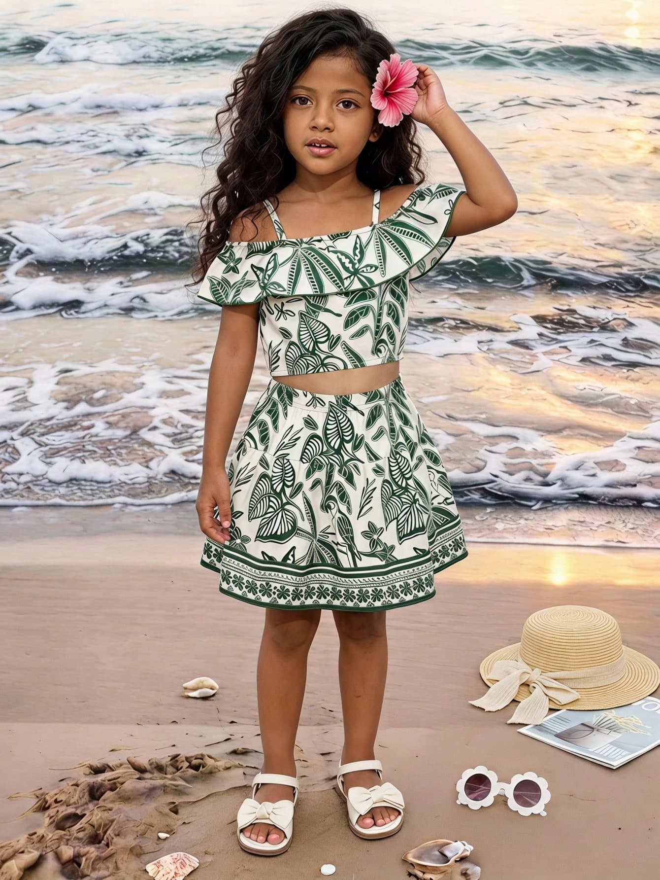SHEIN Playful Pals Summer Girls' Versatile Stylish Vacation Style Floral Print Ruffle Shoulder Top & A-Line Skirt 2pcs Set