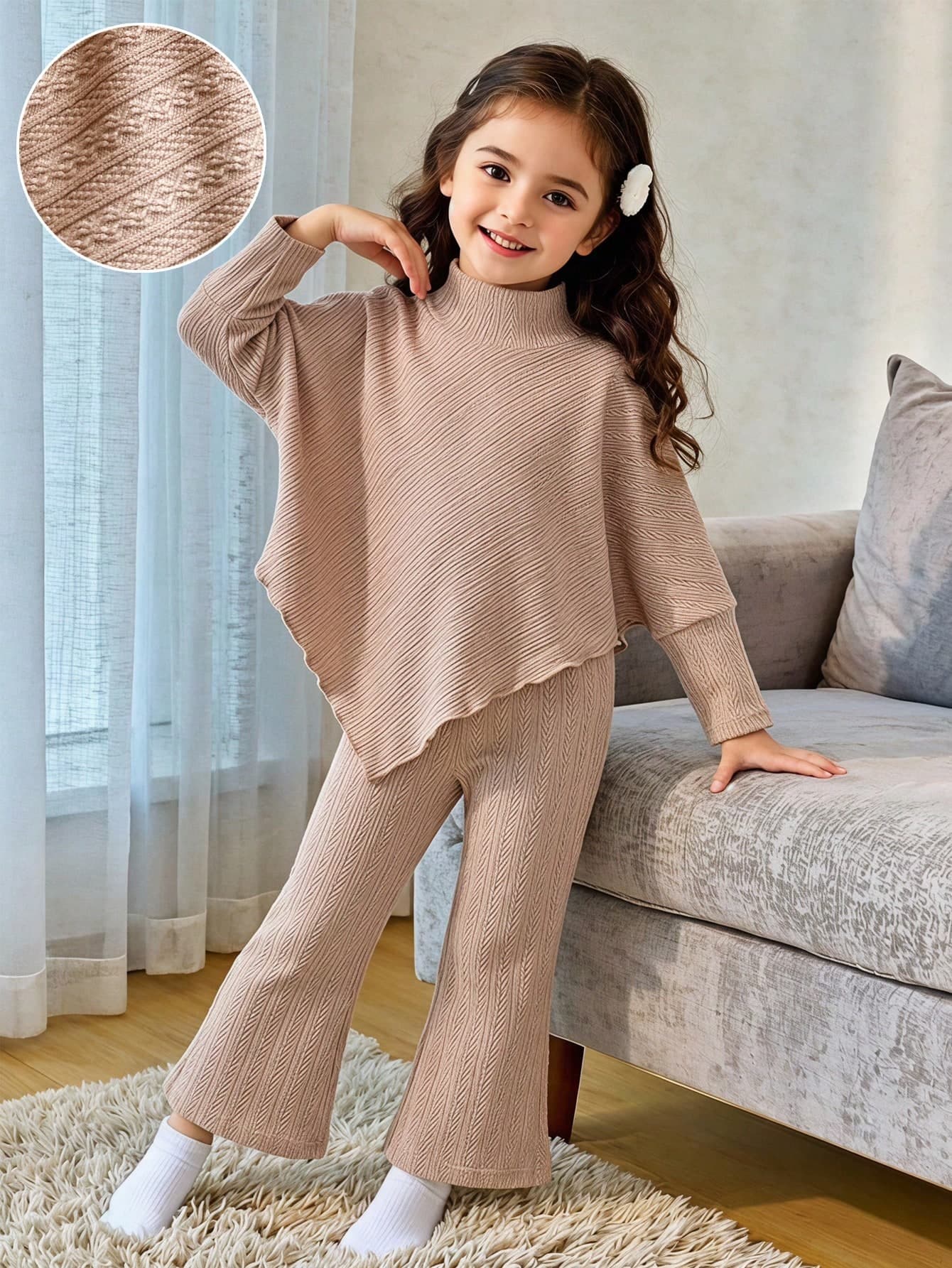 SHEIN Vintaside Kids Young Girls Spring/Autumn/Winter Casual T-Shirt Set, Design-Driven Asymmetrical Pullover High Neck Knitted Ribbed Brushed Fabric Solid Beige Long Sleeve T-Shirt Top Paired With Beige Casual Flared Pants, 2-Piece Set Suitable For Spring/Autumn/Winter Back To School Season, Elegant Lady Style High-End Daily School Outing Travel Party Wear
