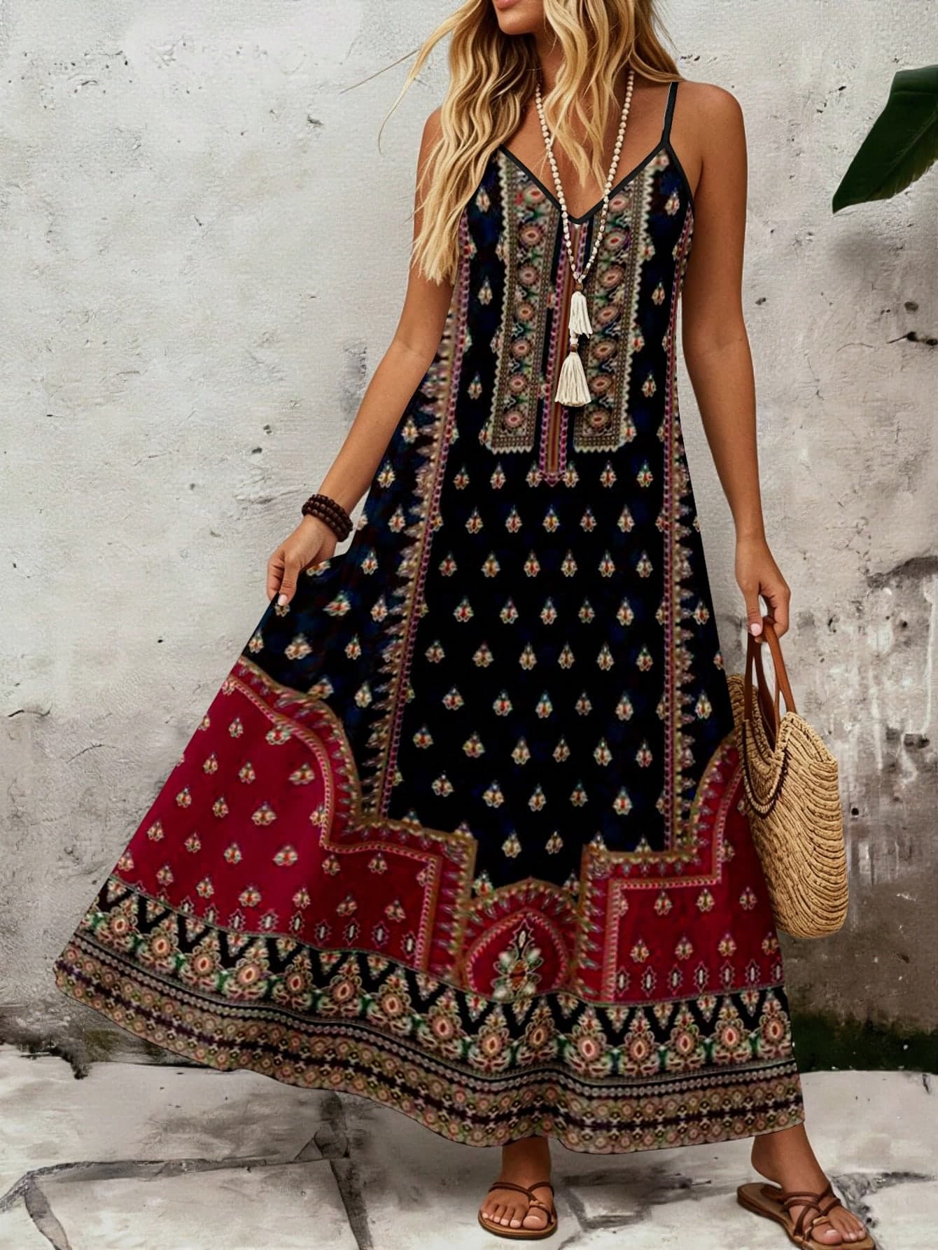 EMERY ROSE Plus Size Vintage Boho Paisley Border Print V Neck Adjustable Spaghetti Strap Loose A-Line Maxi Cami Dress Women Summer Beach Holiday Sundress