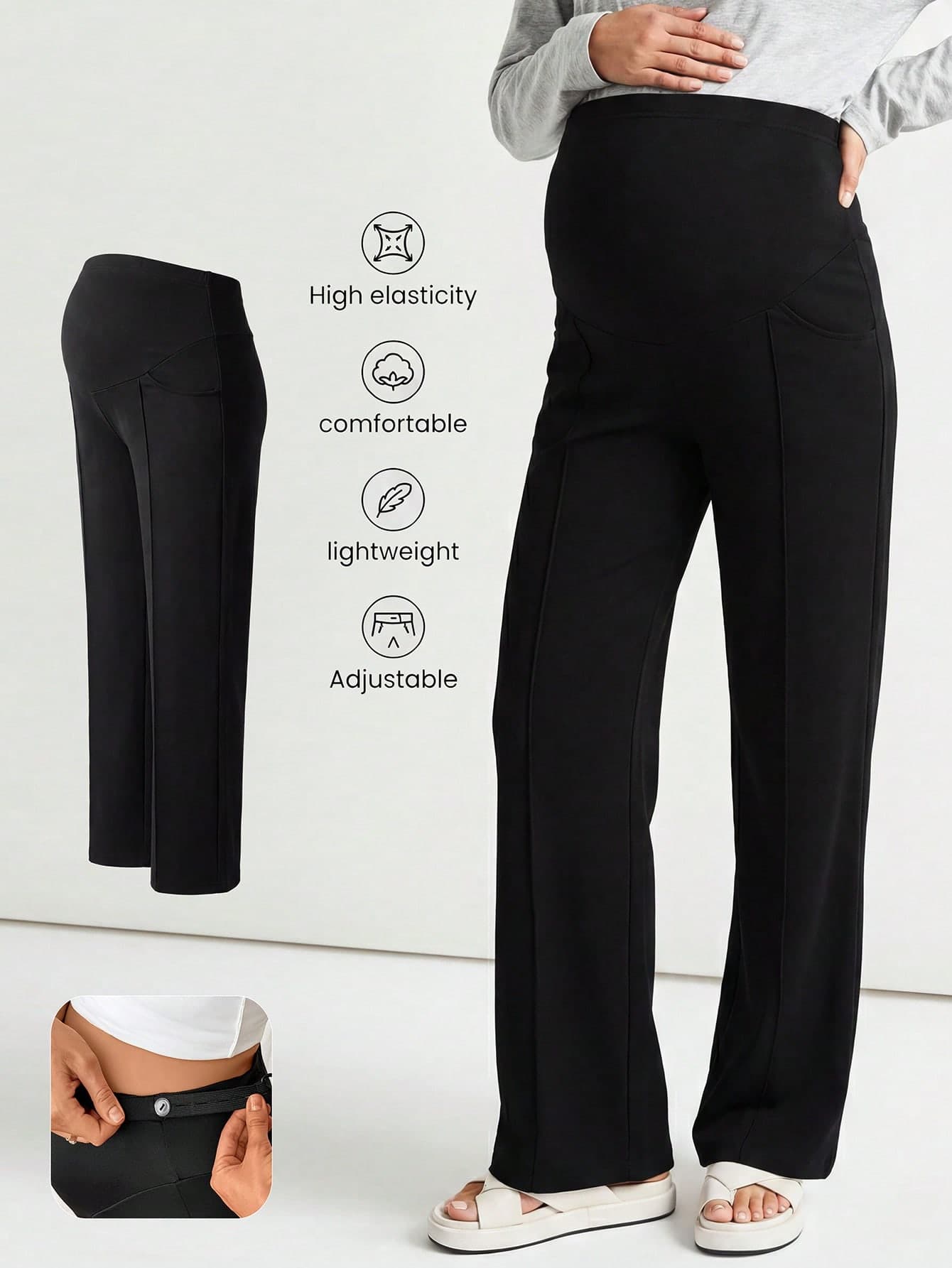 SHEIN Maternity Solid Color Adjustable Waist Casual Leggings Loungewear Photoshoot Summer
