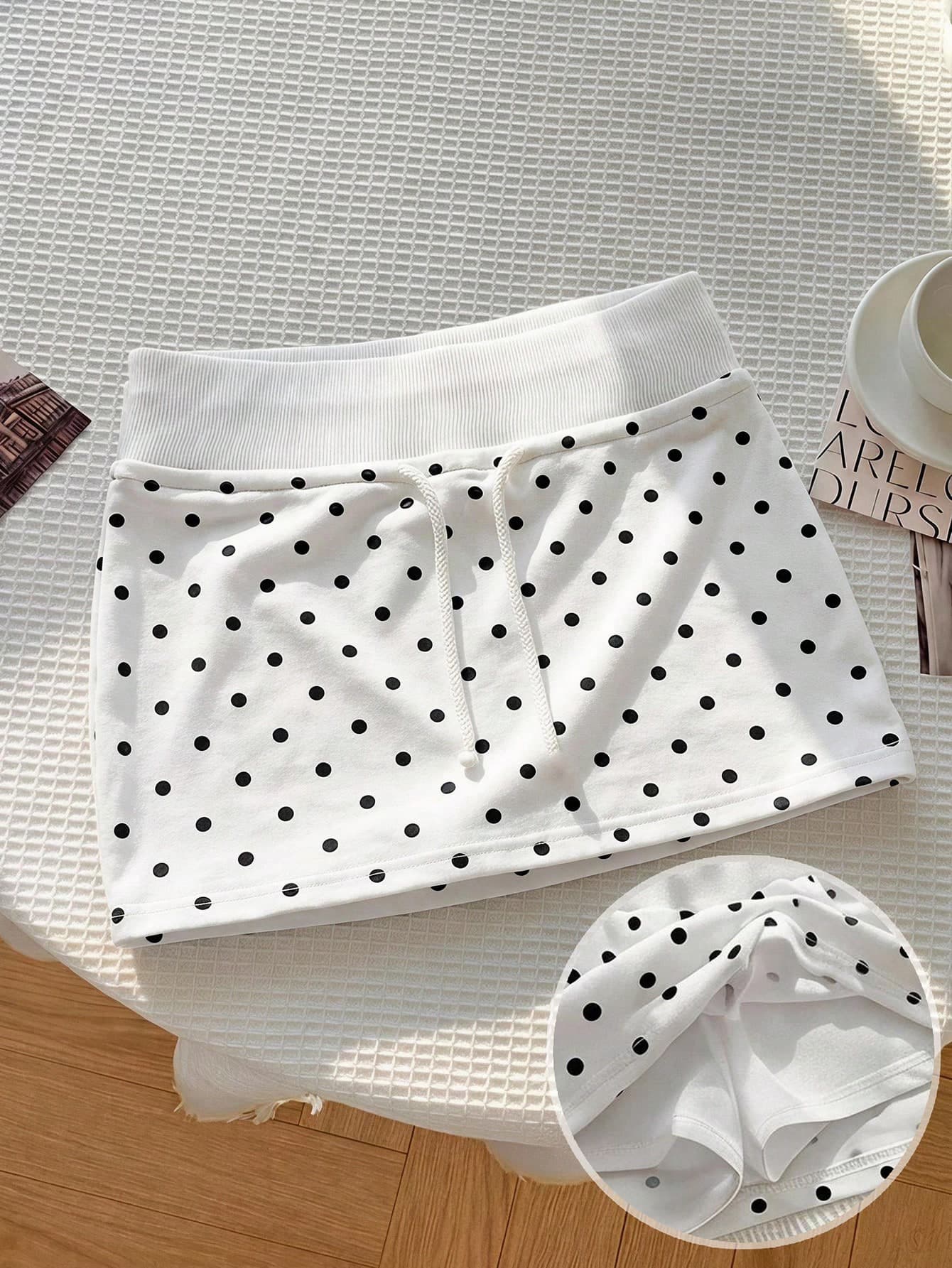 SHEIN Tween Girl Tween Girls Skirts Knitted Small Polka Dot With Built-In Leggings Casual Drawstring Skirt