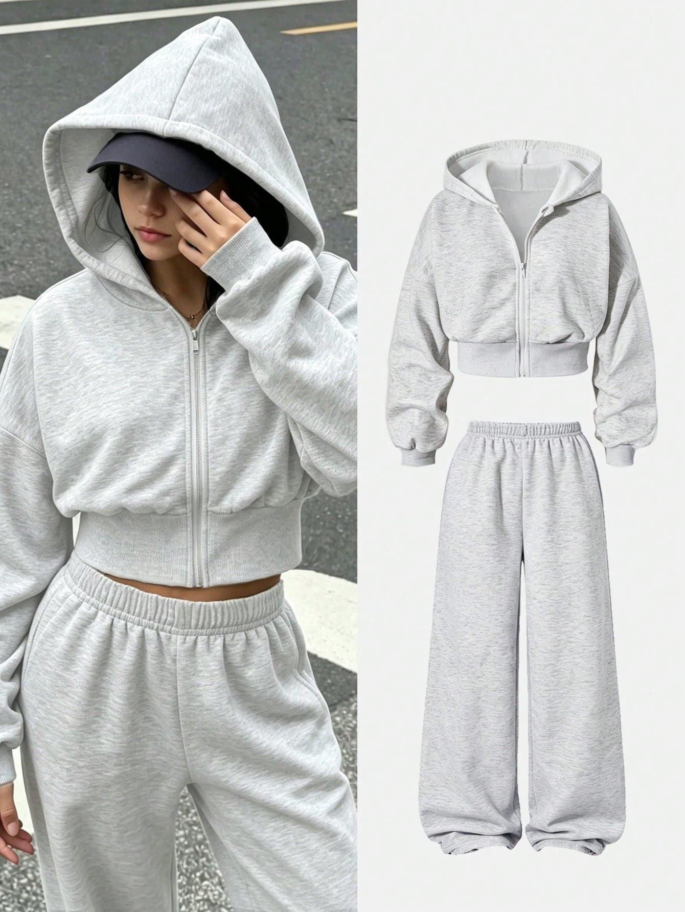 SHEIN 2pcs/Set Teenage Girls' Floral Gray Hooded Zip-Up Cardigan,Loose Fit Pants,Pink,Autumn,Casual,Holiday,Back-To-School College Style Sports Outfit