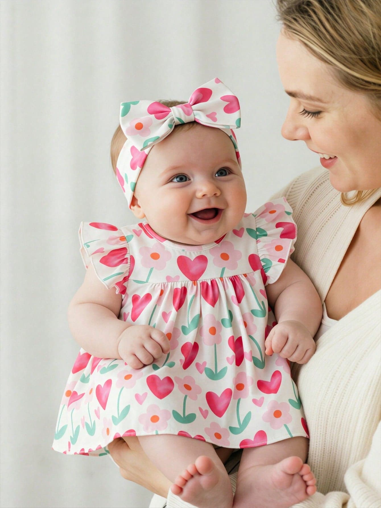 SHEIN Vintaside Kids 2026 Summer New Girls' Colorful Heart & Flower Flutter Sleeve Dress, Baby Girl Loose A-Line Doll Dress, Fresh All-Over Heart & Flower Print Round Neck Princess Dress, Versatile Summer Outfit For Outings And Photos