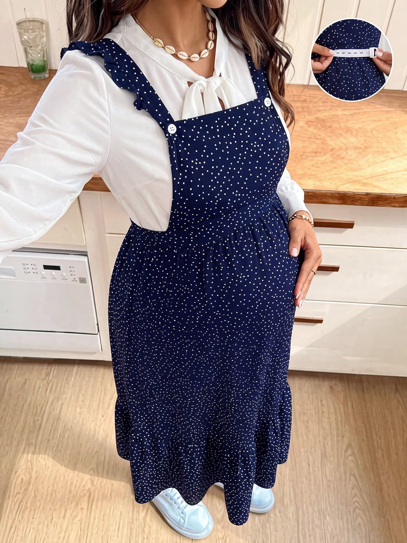 SHEIN Maternity Polka Dot Print Patchwork Ruffle Hem Fashionable Strap Dress