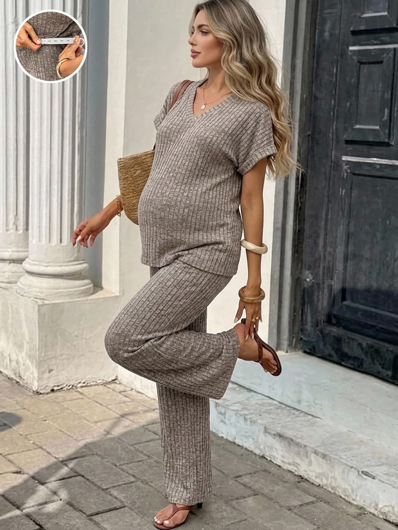 SHEIN Maternity V-Neck Short Sleeve Top And Pants 2 Pieces Set
