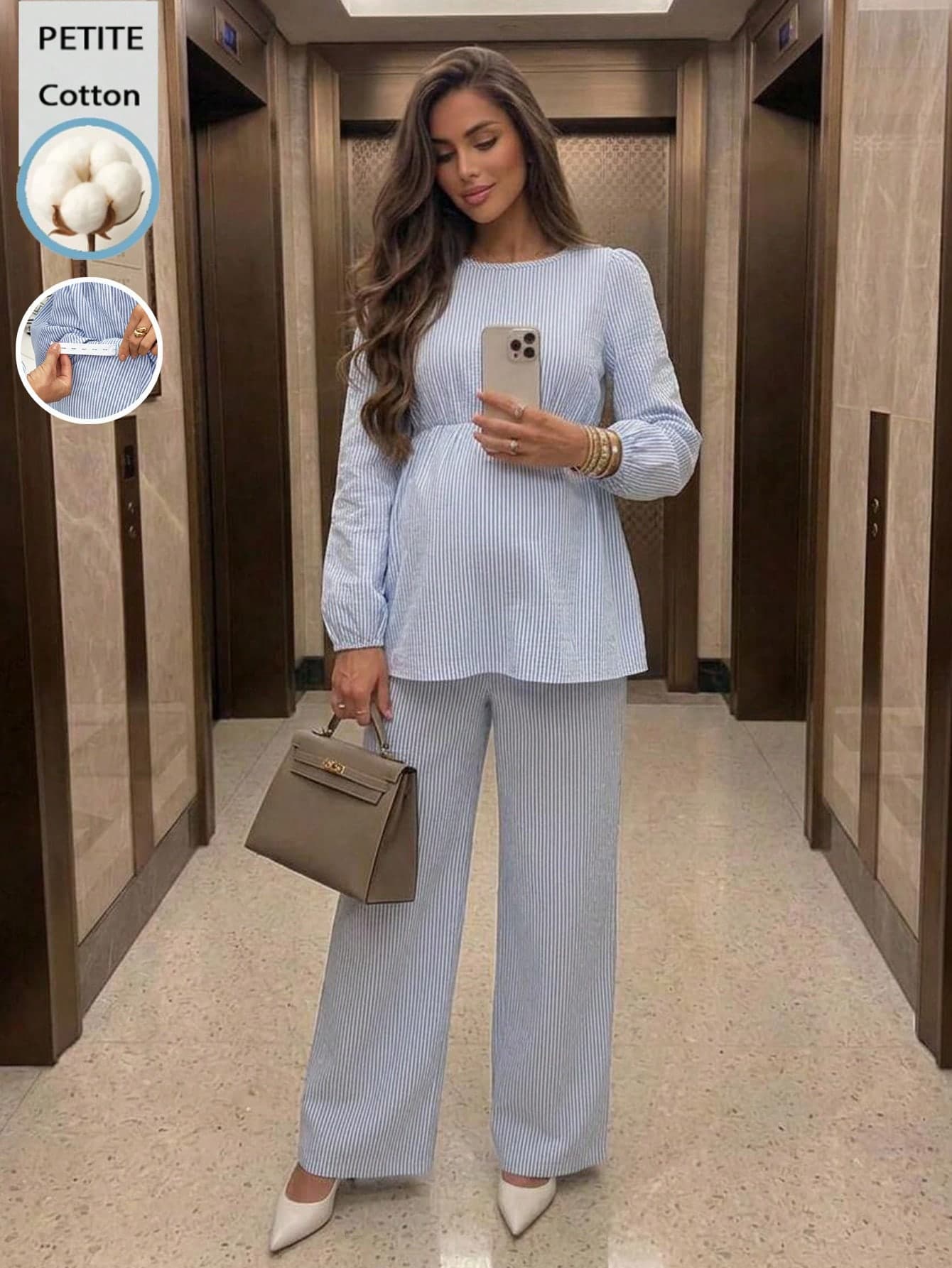 SHEIN Comfortable 2 Pieces Maternity Set Long Sleeve Round Neck Top And Pants Suitable For Home, Daily Wear, Vacation, Gathering