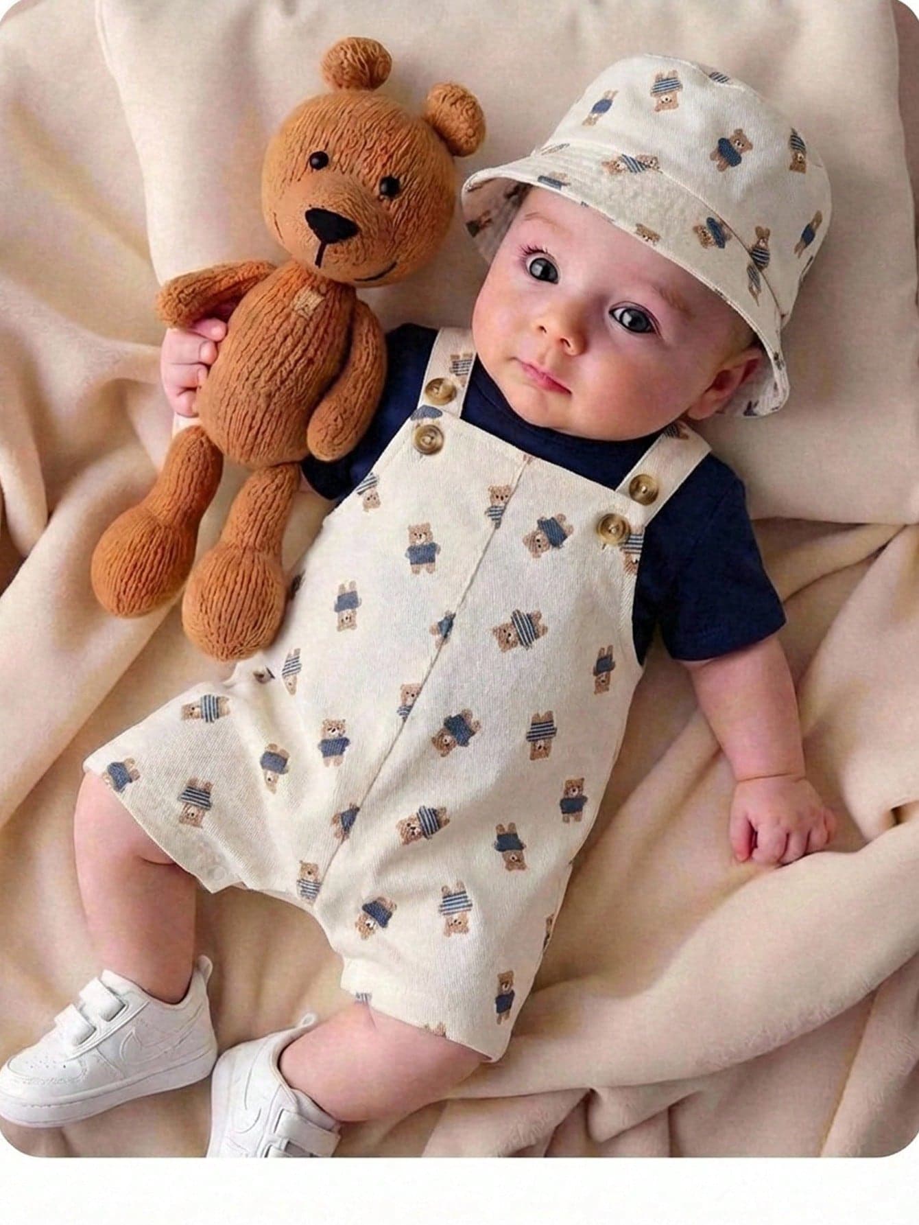 Newborn Baby Boy 2 Pieces Set,Knitted Soft Round Neck Short-Sleeved Pullover Top & Teddy Bear Pattern Overalls,Beige,Summer,Casual,Family Matching