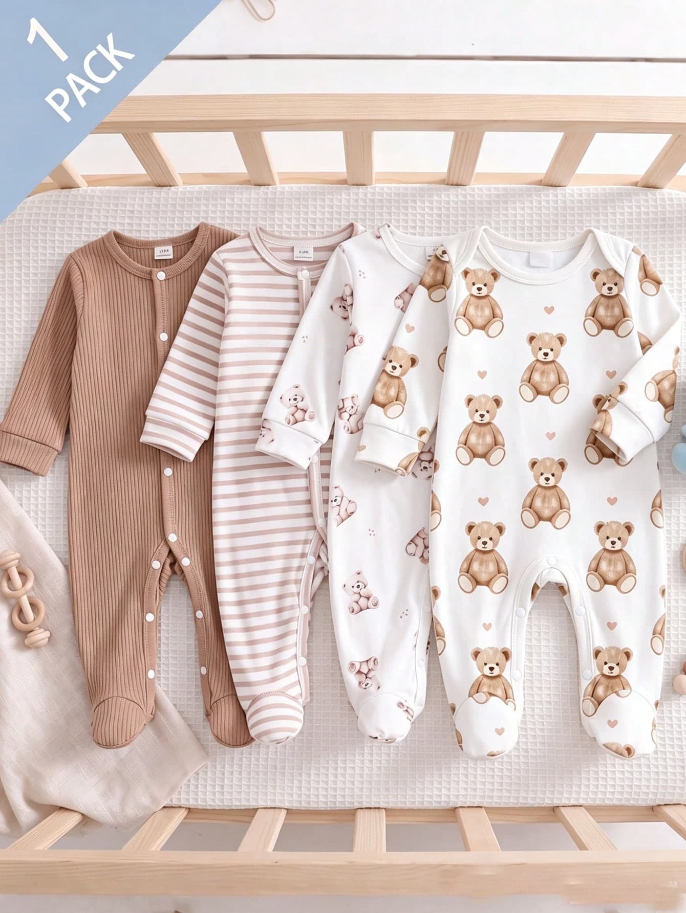1pc Unisex Newborn All-Over Print Bear & Heart Pattern Spring/Autumn Long Sleeve Footed Romper, Snap Closure, Soft & Skin-Friendly Sleepwear Crawler